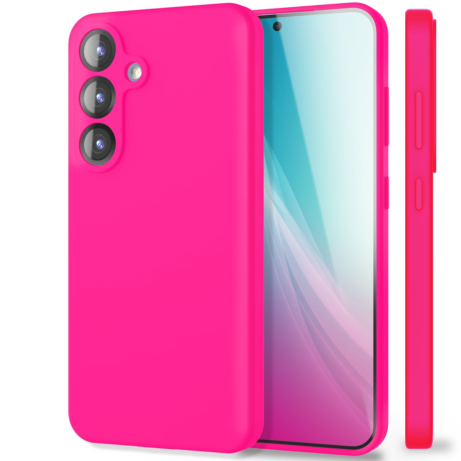 Pinkfarbene Handyhülle mit drei Rückkameras und Handy. Die Hülle ist vor weißem Hintergrund.