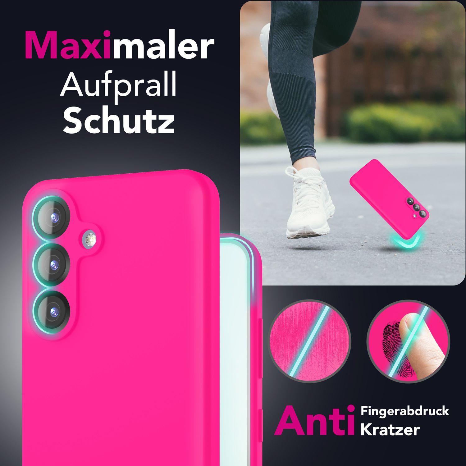 Eine pinke Handyhülle vor verschwommenem Hintergrund, die Anti-Kratz-Eigenschaften hervorhebt.