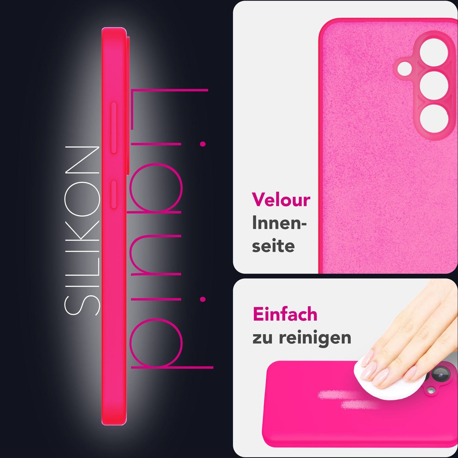 Hellrosa Handyhülle mit Text und Nahaufnahmen, die Velours innen und einfache Reinigung zeigen.