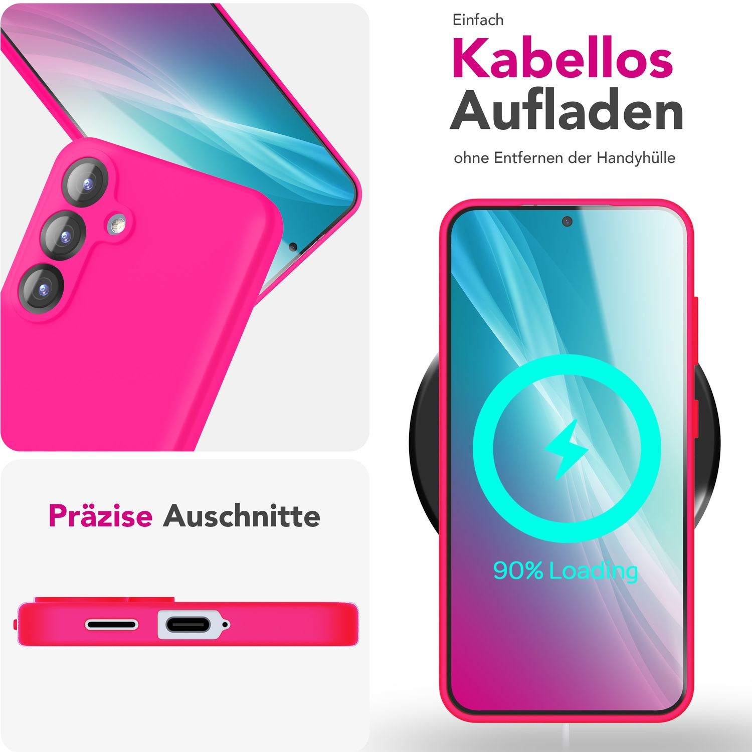 Rosa Handyhülle mit Telefon. Drahtloses Laden wird hervorgehoben.