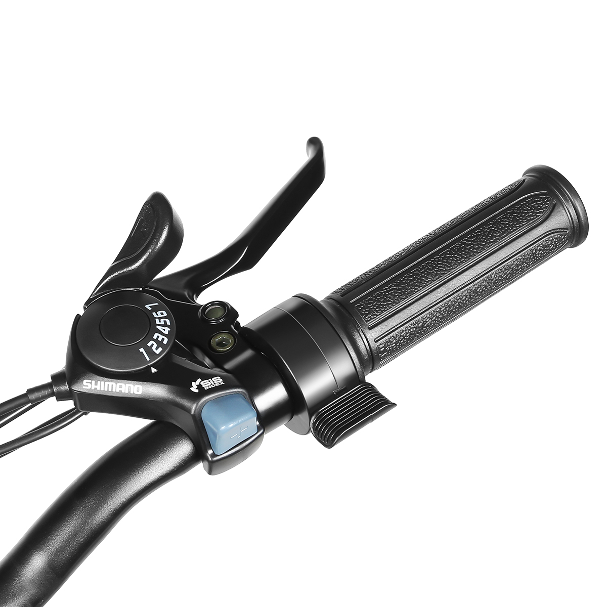 Czarna kierownica roweru. Widoczny jest wybierak biegów Shimano, dźwignia hamulca i teksturowany uchwyt.