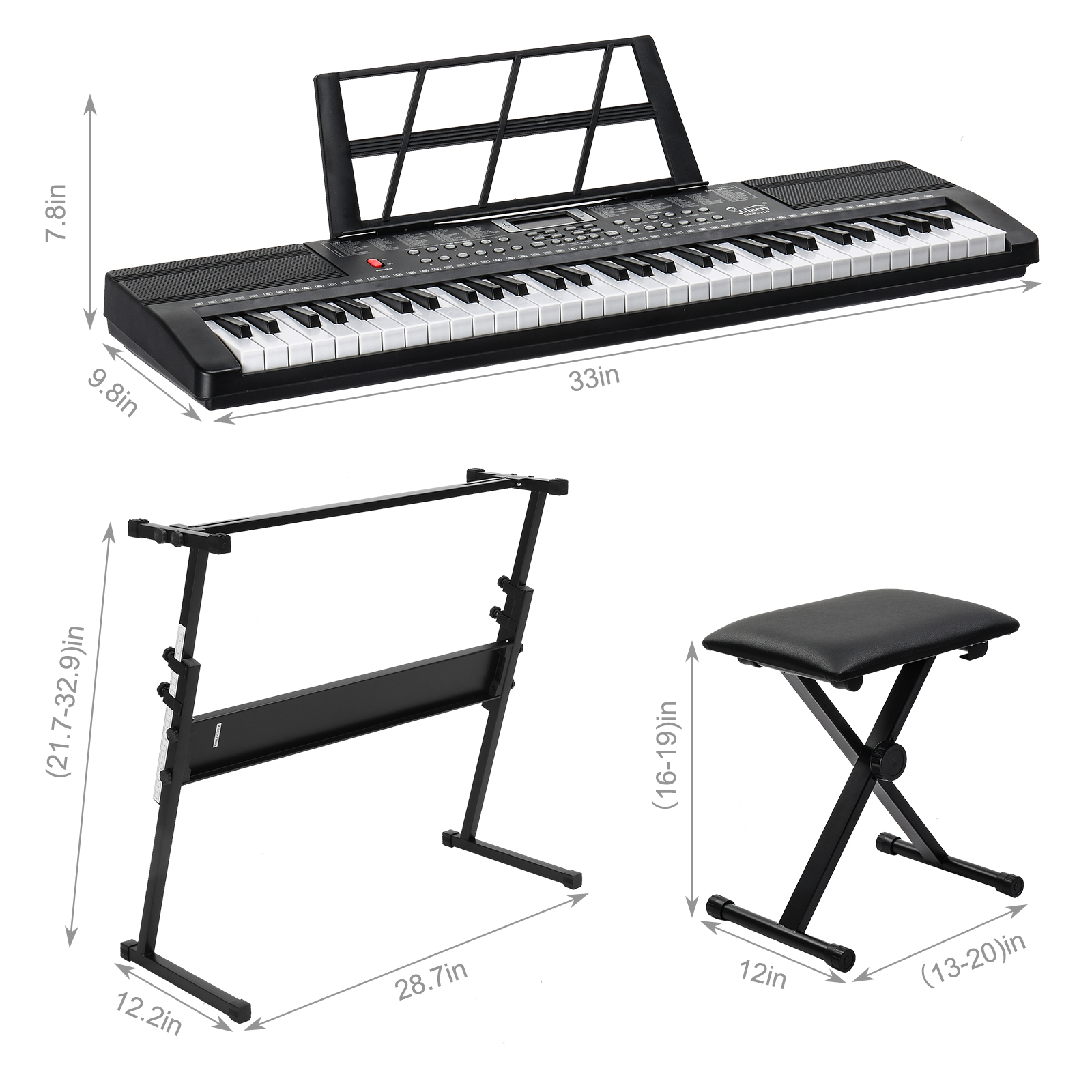 Ein schwarzes elektronisches Keyboard mit Notenständer, Ständer und schwarzem Hocker, alle mit Maßen.