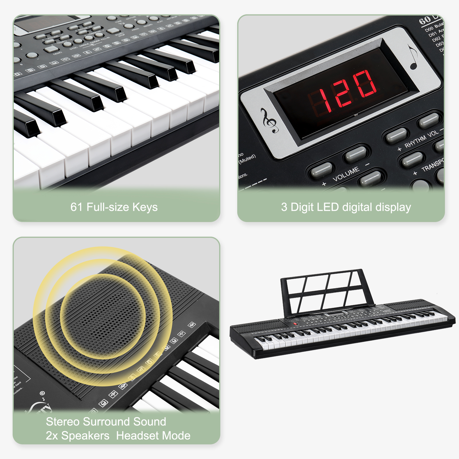 Keyboard mit 61 Tasten, Digitalanzeige, 2 Lautsprecher. Das Bild zeigt Einzelteile.
