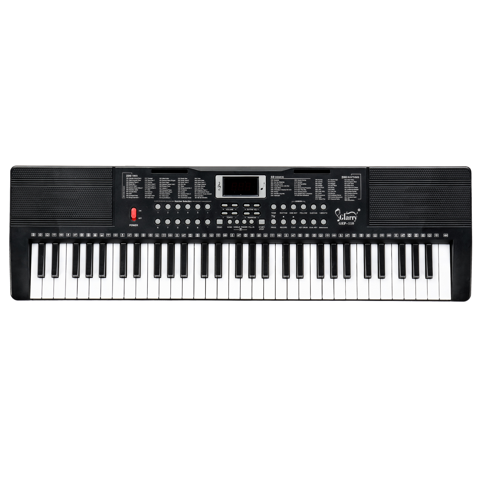 Schwarzes elektronisches Keyboard mit vielen weißen Tasten. Weißer Hintergrund.