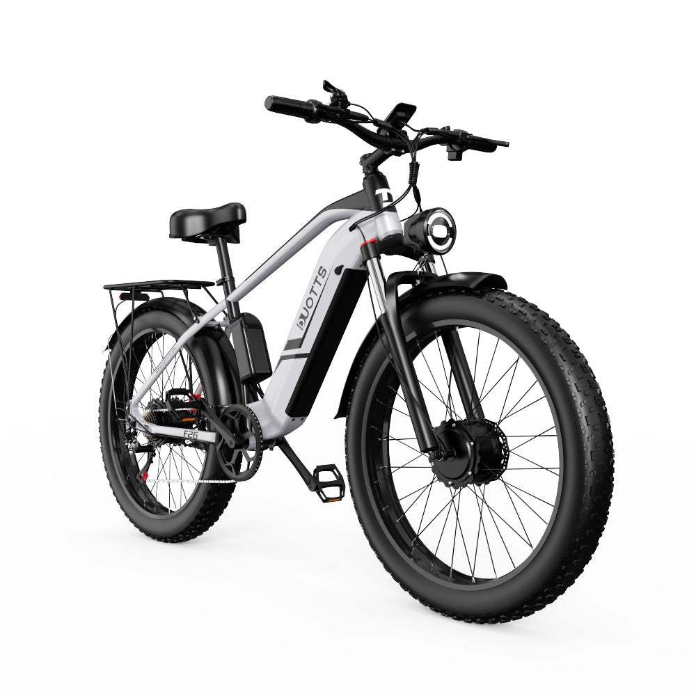 Bicicletta elettrica con telaio bianco, pneumatici neri e vari componenti, su sfondo bianco.
