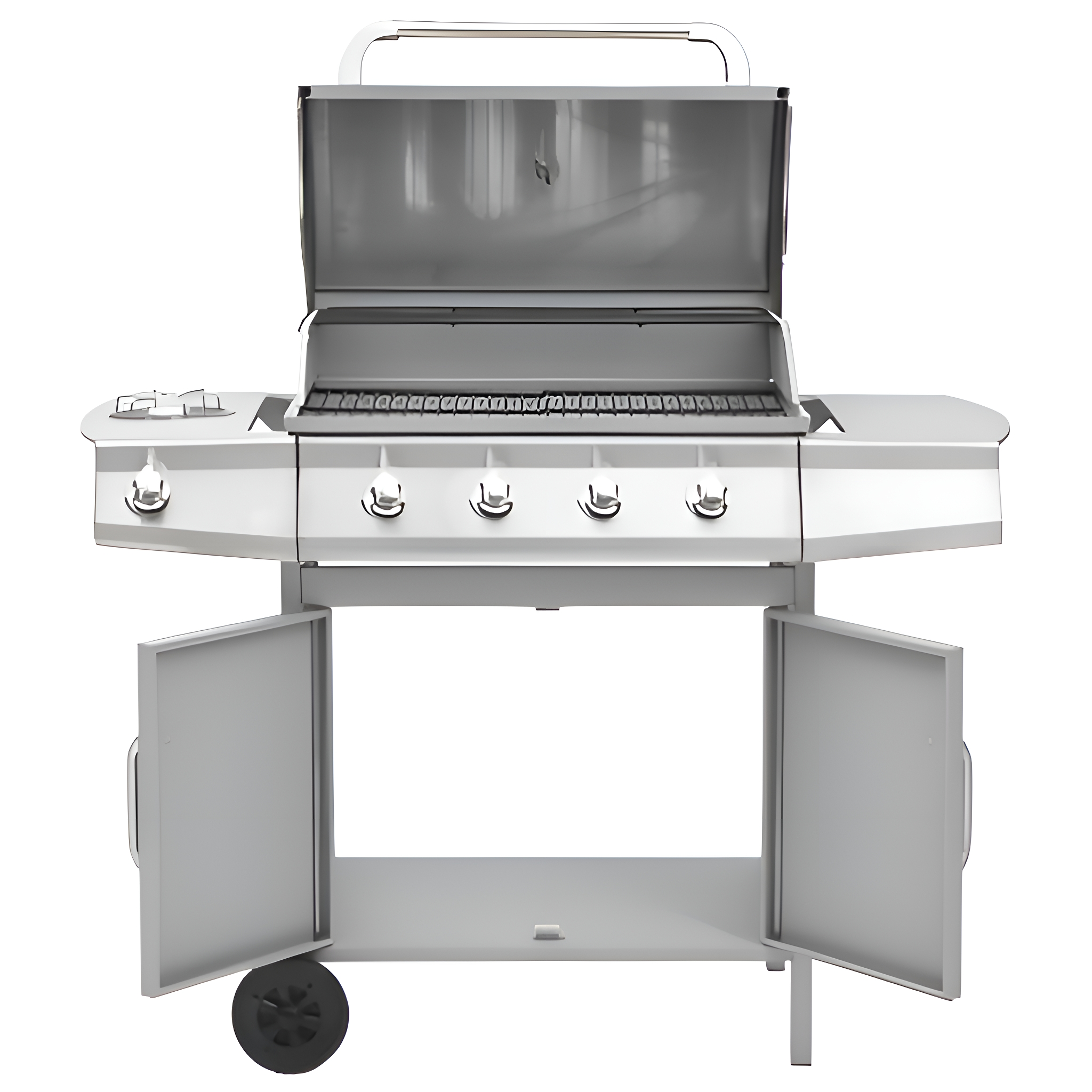 Ein Edelstahlgrill, Deckel offen, Türen angelehnt. Räder sind links sichtbar.