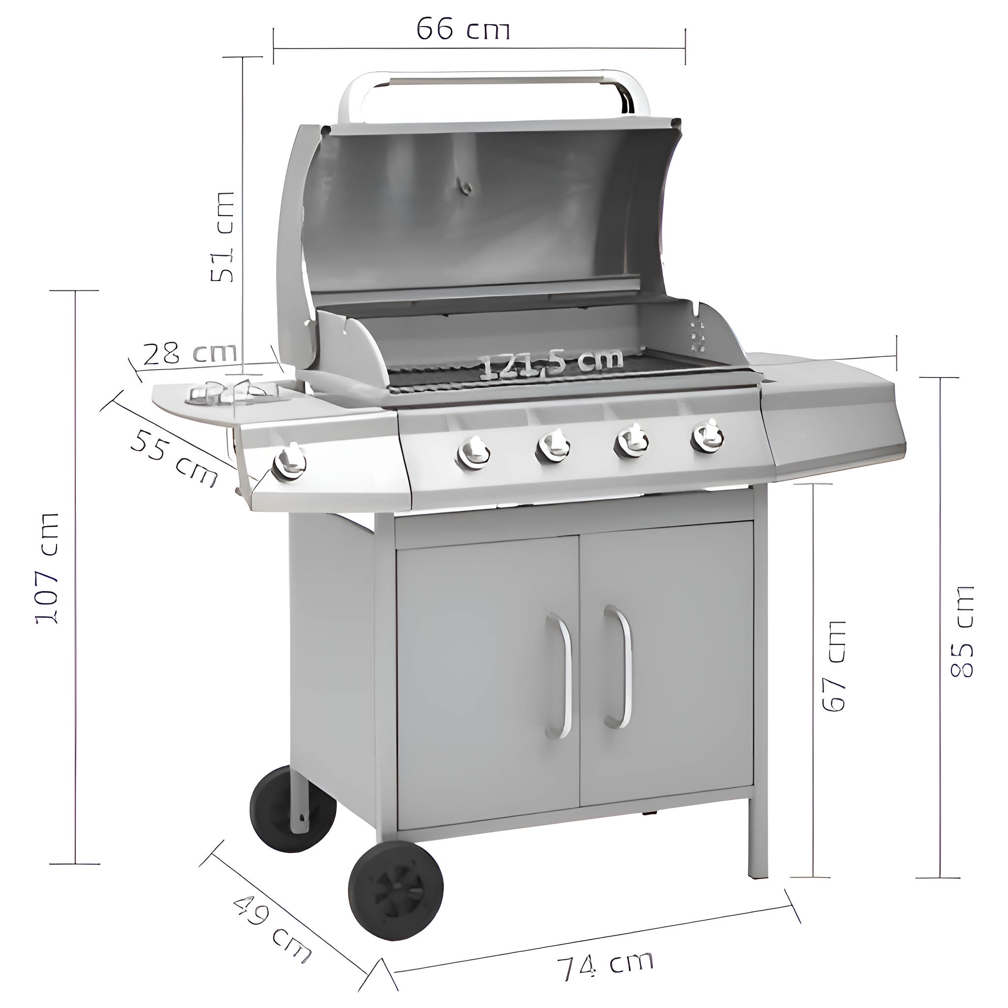 Edelstahlgrill mit Maßangaben, auf Rädern und mit Schrank.