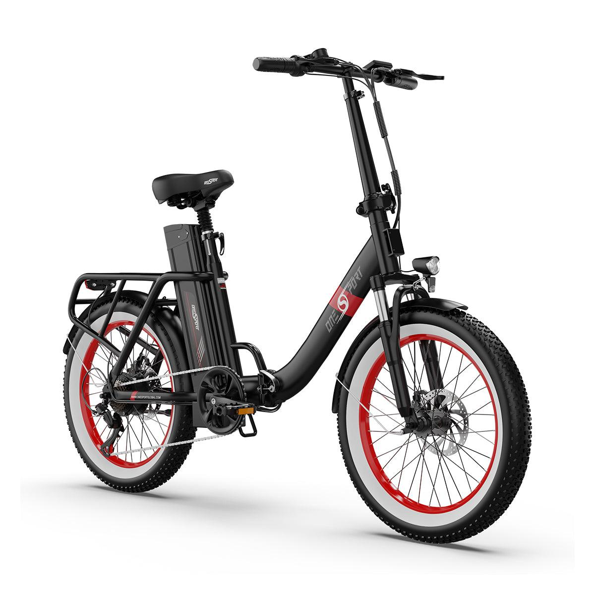 Schwarzes Elektrofahrrad mit roten Akzenten, auf weißem Hintergrund, Seitenansicht.