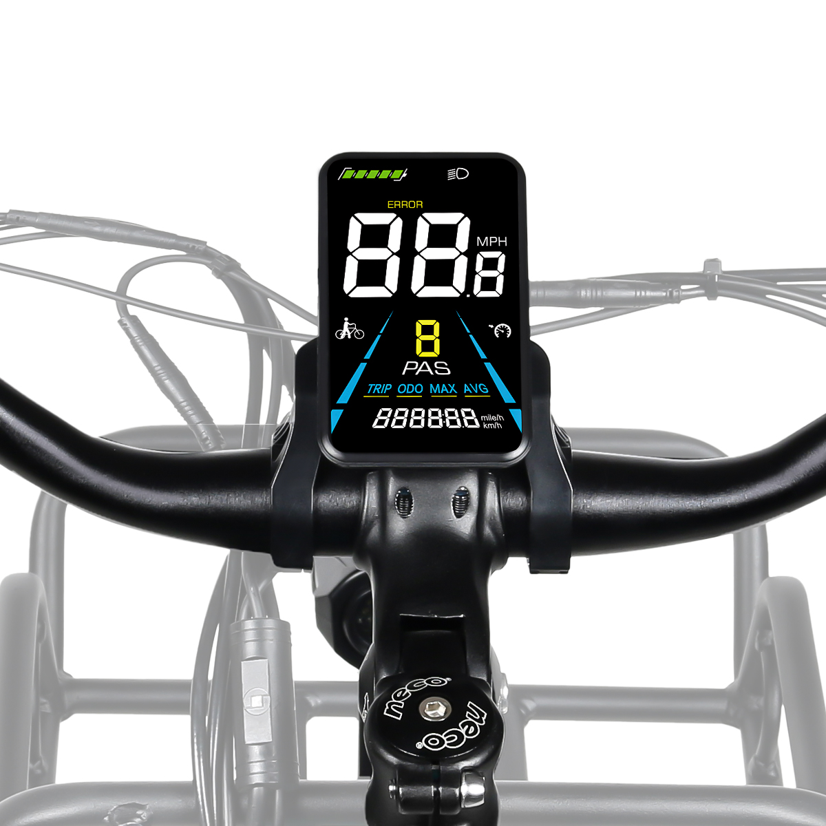 Komputer rowerowy na kierownicy. Wyświetla prędkość, dystans i inne dane.