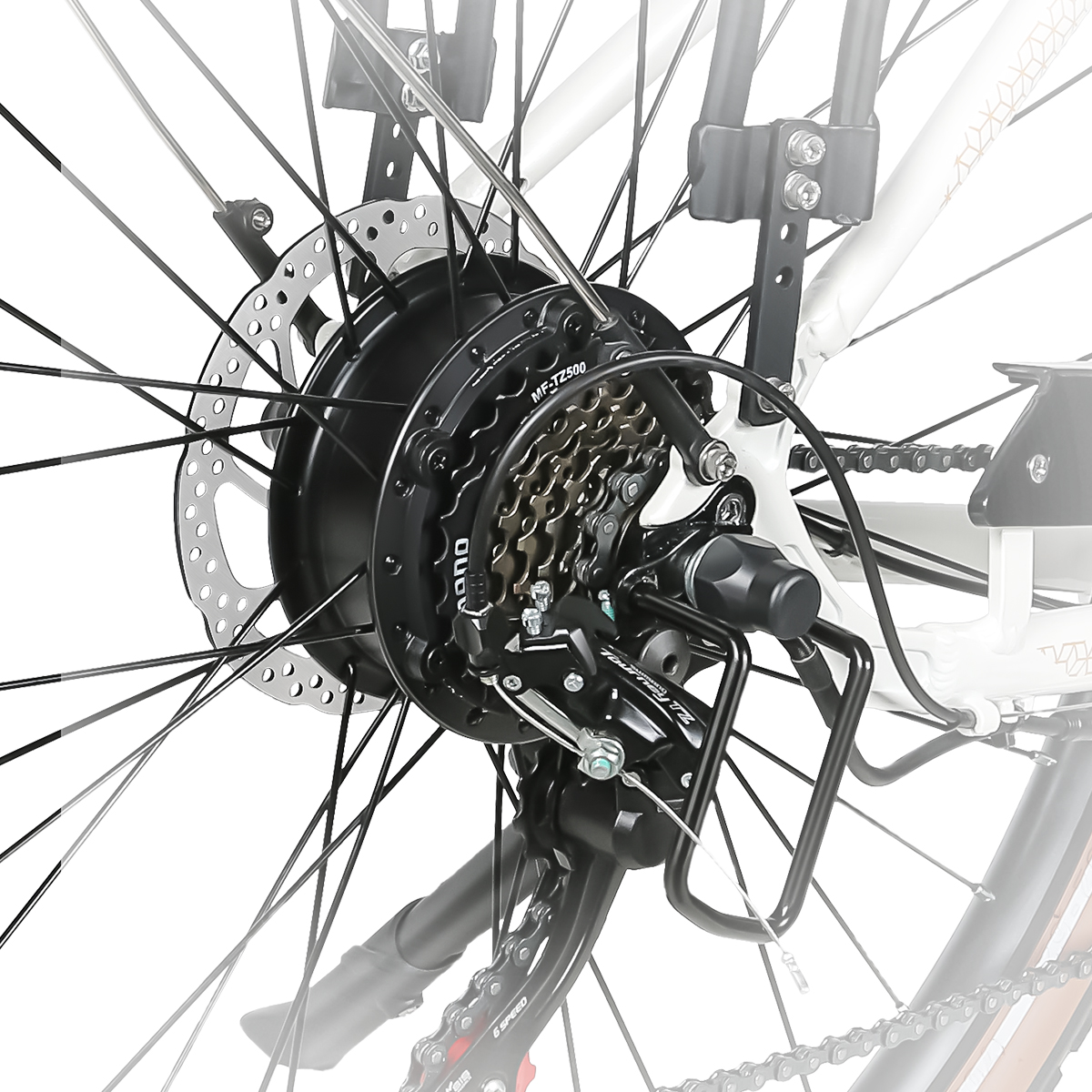 Tylne koło roweru, z widocznymi biegami i hamulcem tarczowym.