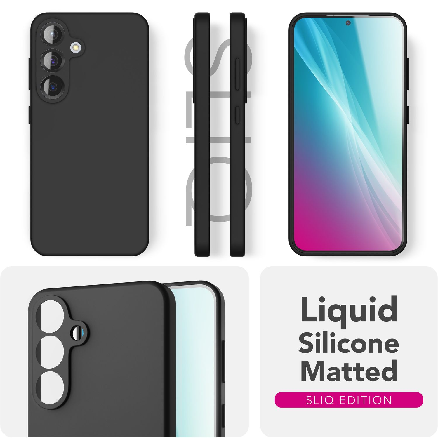 Schwarze Handyhülle mit Kameraaussparung und ein Handy rechts.