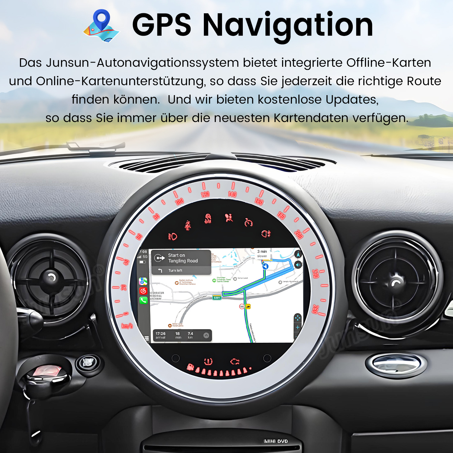 Deska rozdzielcza samochodu z ekranem nawigacji pokazującym mapę. Ekran jest okrągły, samochód to Mini Cooper.