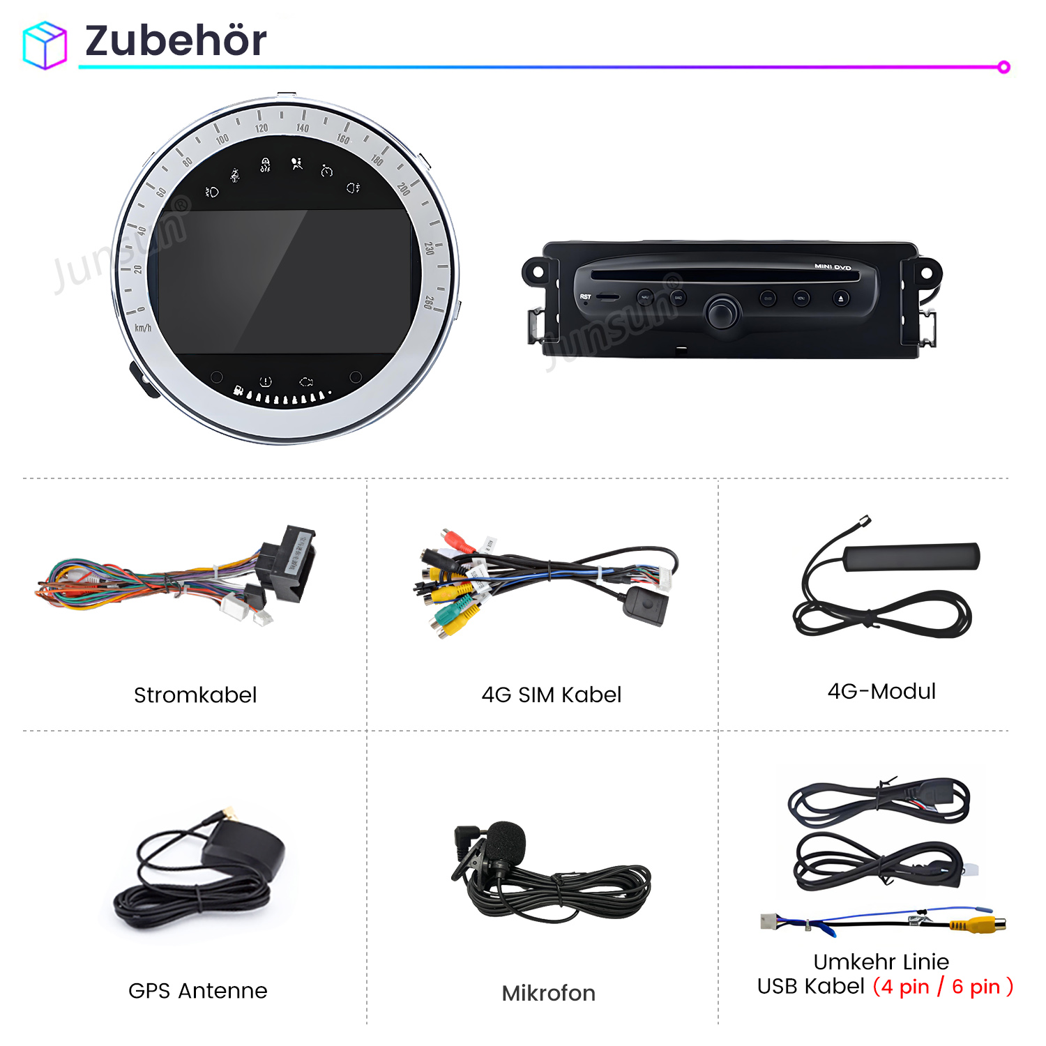 Zubehör für den Einbau von Autoradios, einschließlich Kabeln, Modulen und einer Bildschirmanzeige.