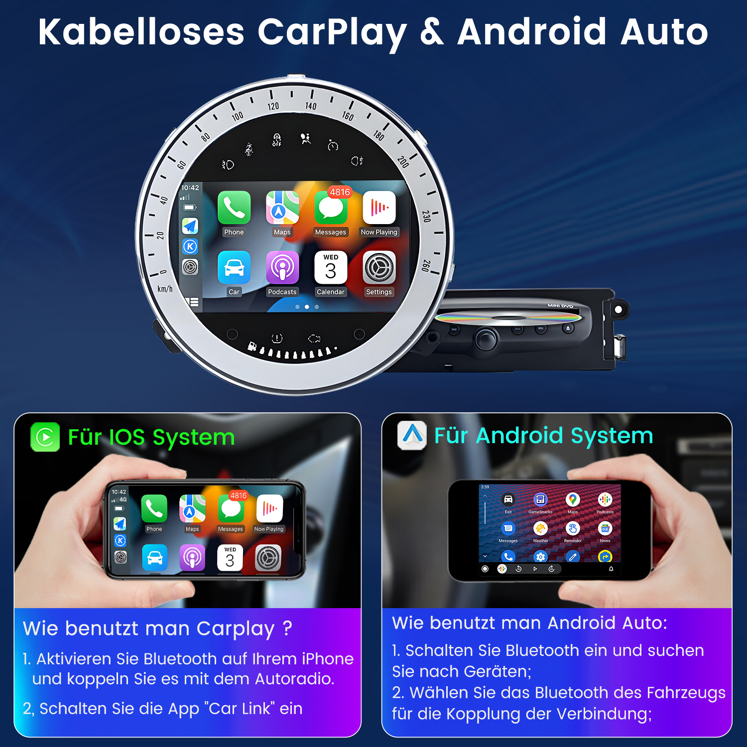 System informacyjno-rozrywkowy samochodu pokazujący telefon, aplikacje i ustawienia, z CarPlay i Android Auto.
