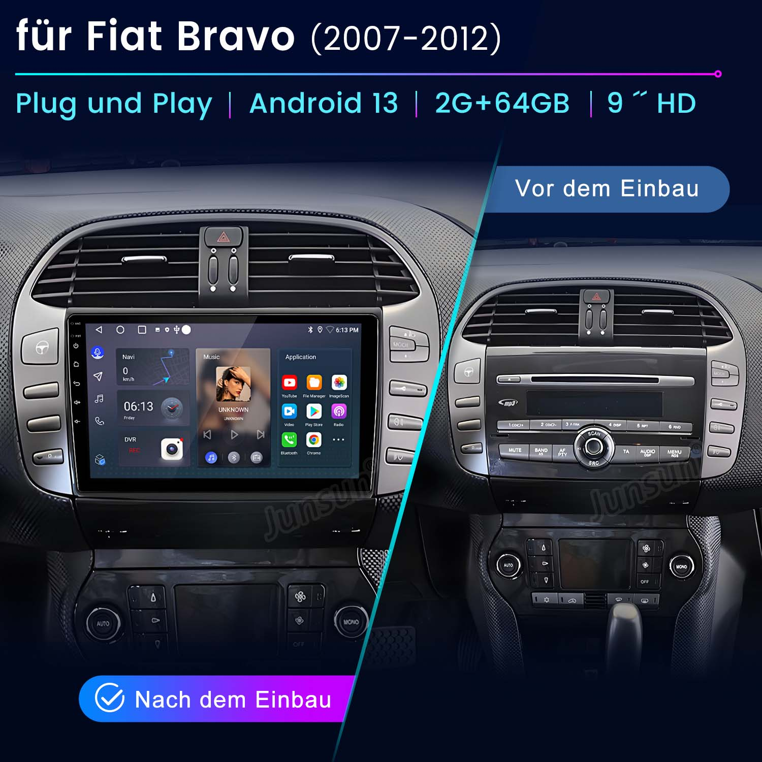 Einbau eines Multimedia-Systems im Auto. Zeigt Vorher- und Nachher-Ansichten des Armaturenbretts.