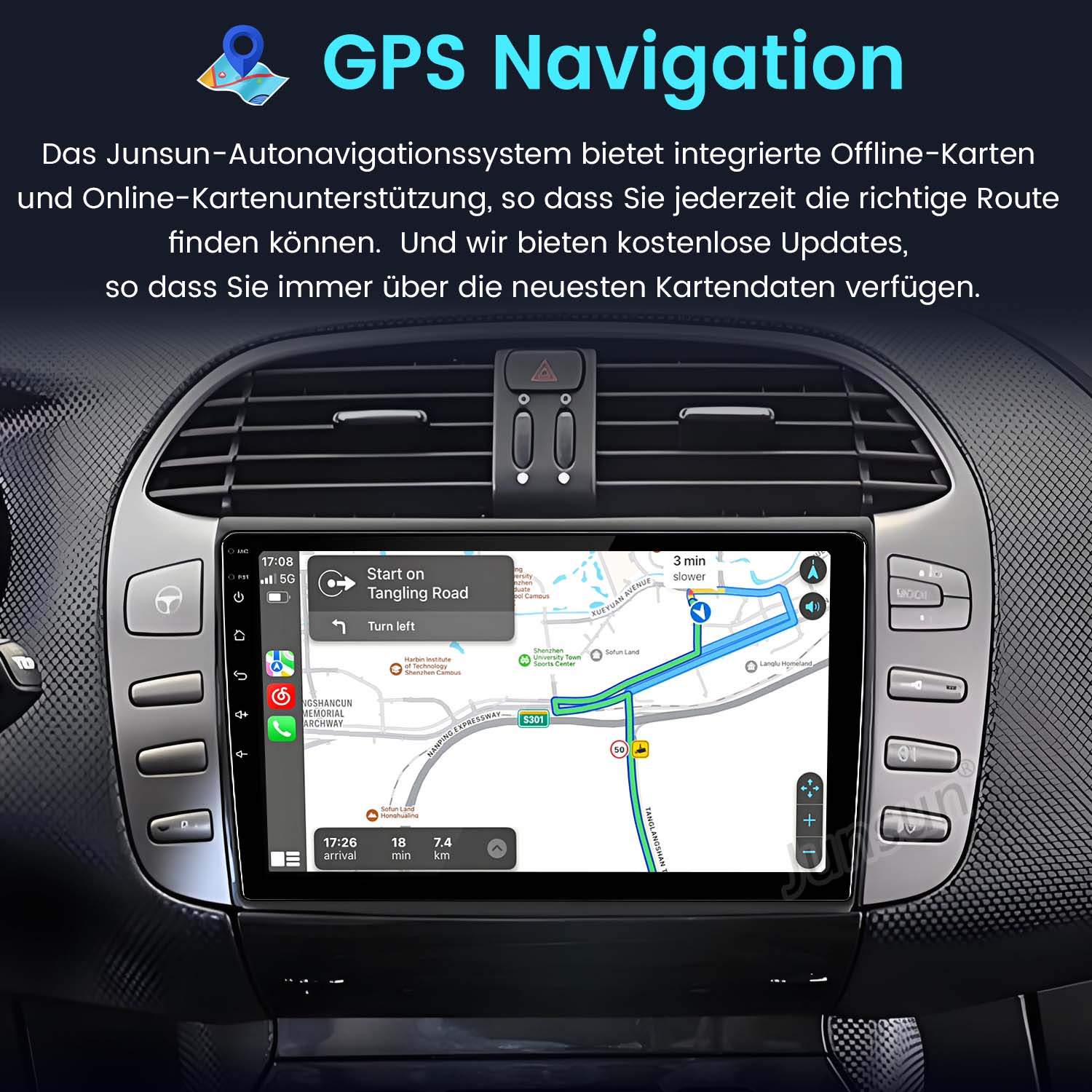 Armaturenbrett mit großem GPS-Navigationsbildschirm, der Karte und Routendetails zeigt.