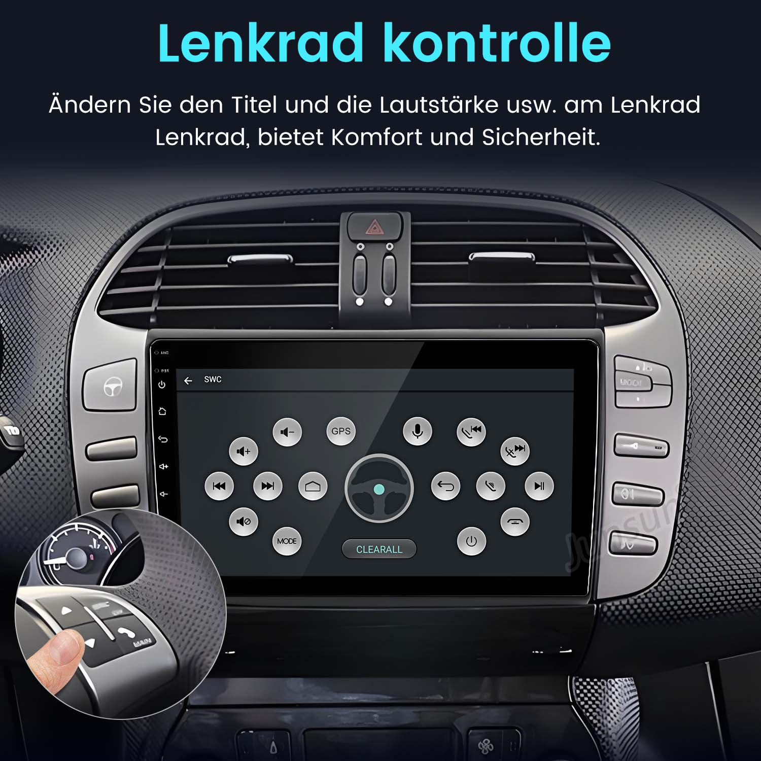 Autoradio-Bildschirm mit Armaturenbrett, das Bedienelemente zeigt, und Text zur Lenkradsteuerung.