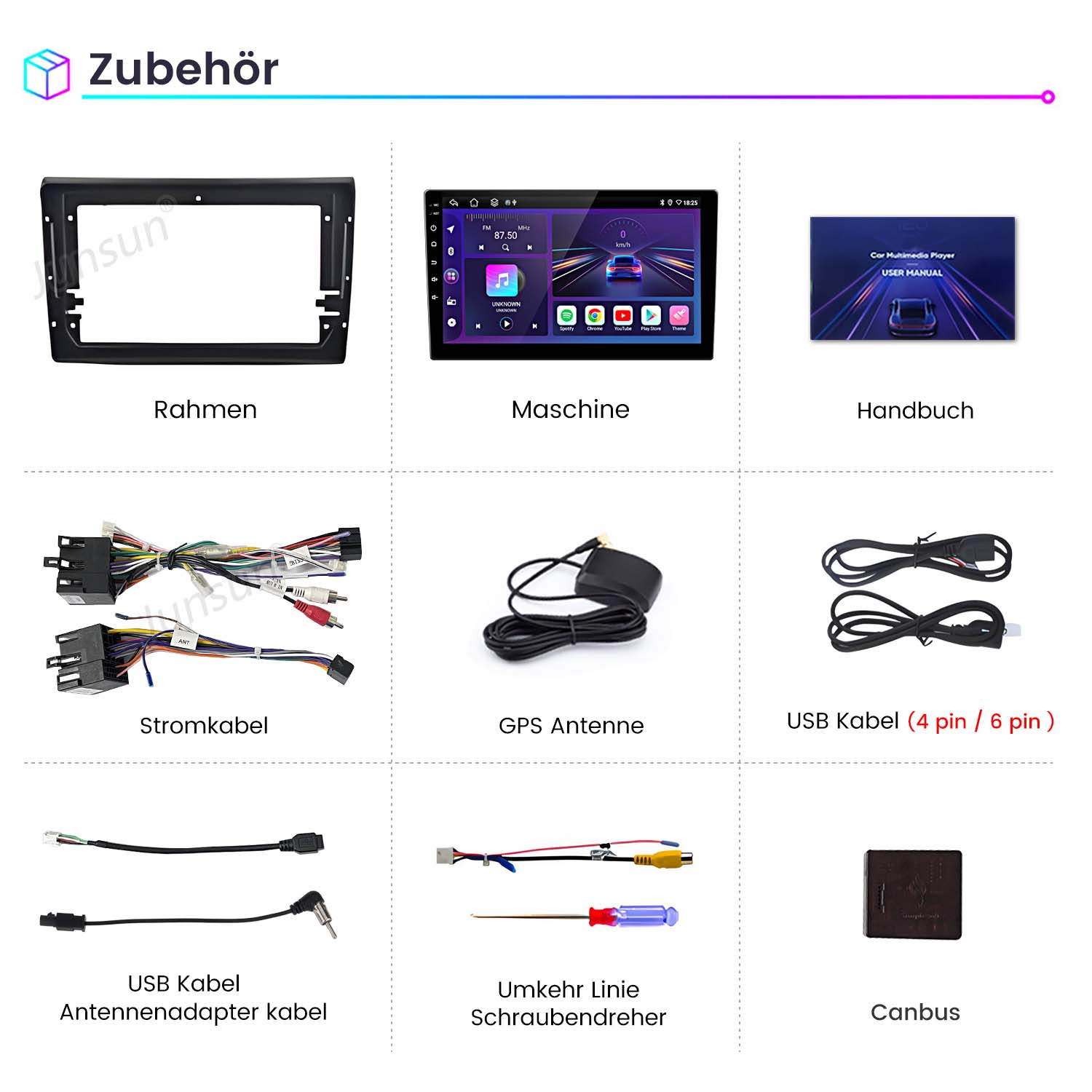 Mehrere Zubehörteile für Autoradios, einschließlich Rahmen, Bildschirm, Kabel und Werkzeuge, auf einer Oberfläche angeordnet.