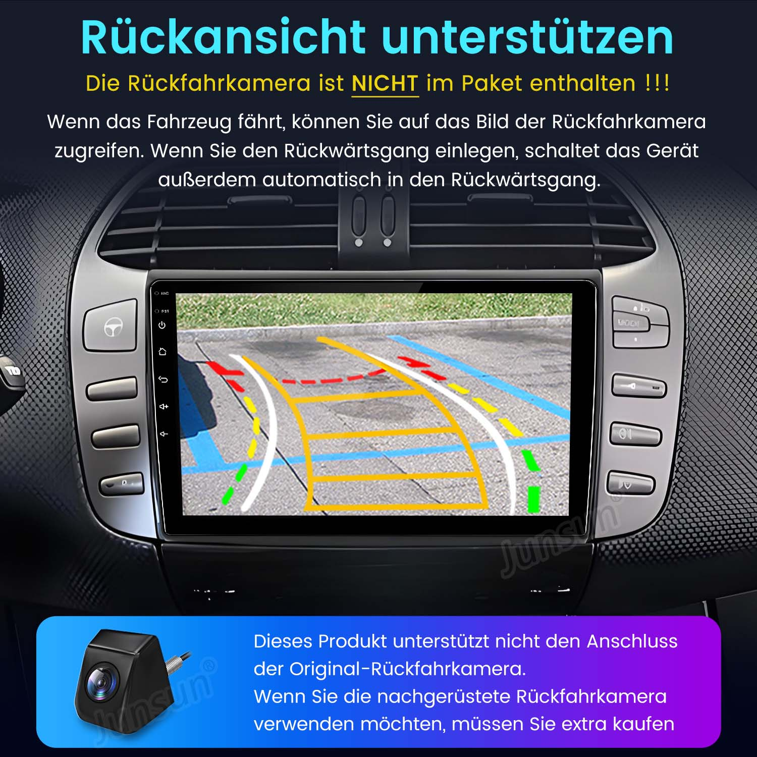Auto-Bildschirm mit Parkhilfe. Eine Kamera und Text werden angezeigt.