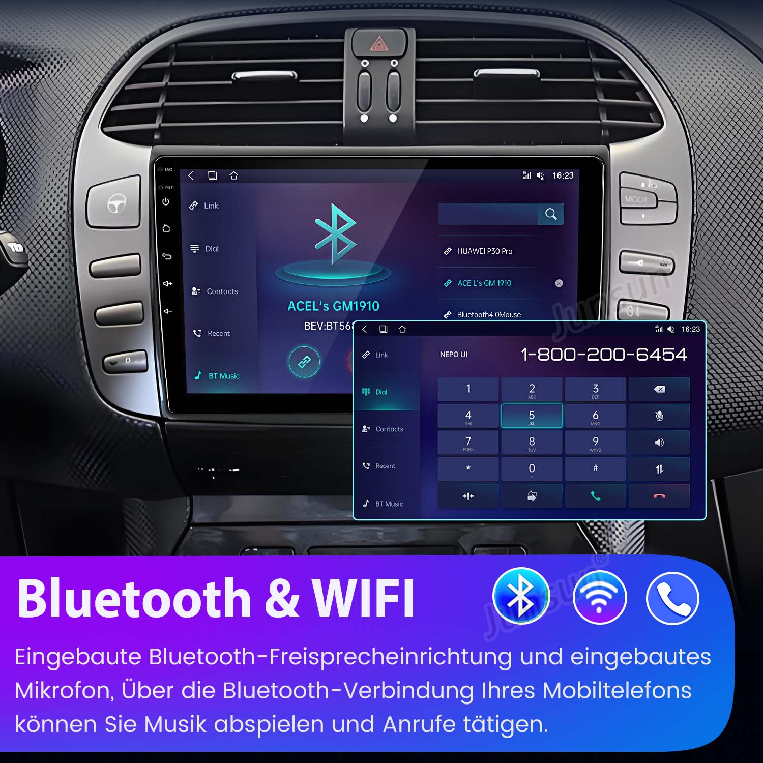 Auto-Armaturenbrett-Schnittstelle mit Telefonbildschirm, der eine Telefonanrufschnittstelle und eine numerische Tastatur zeigt.