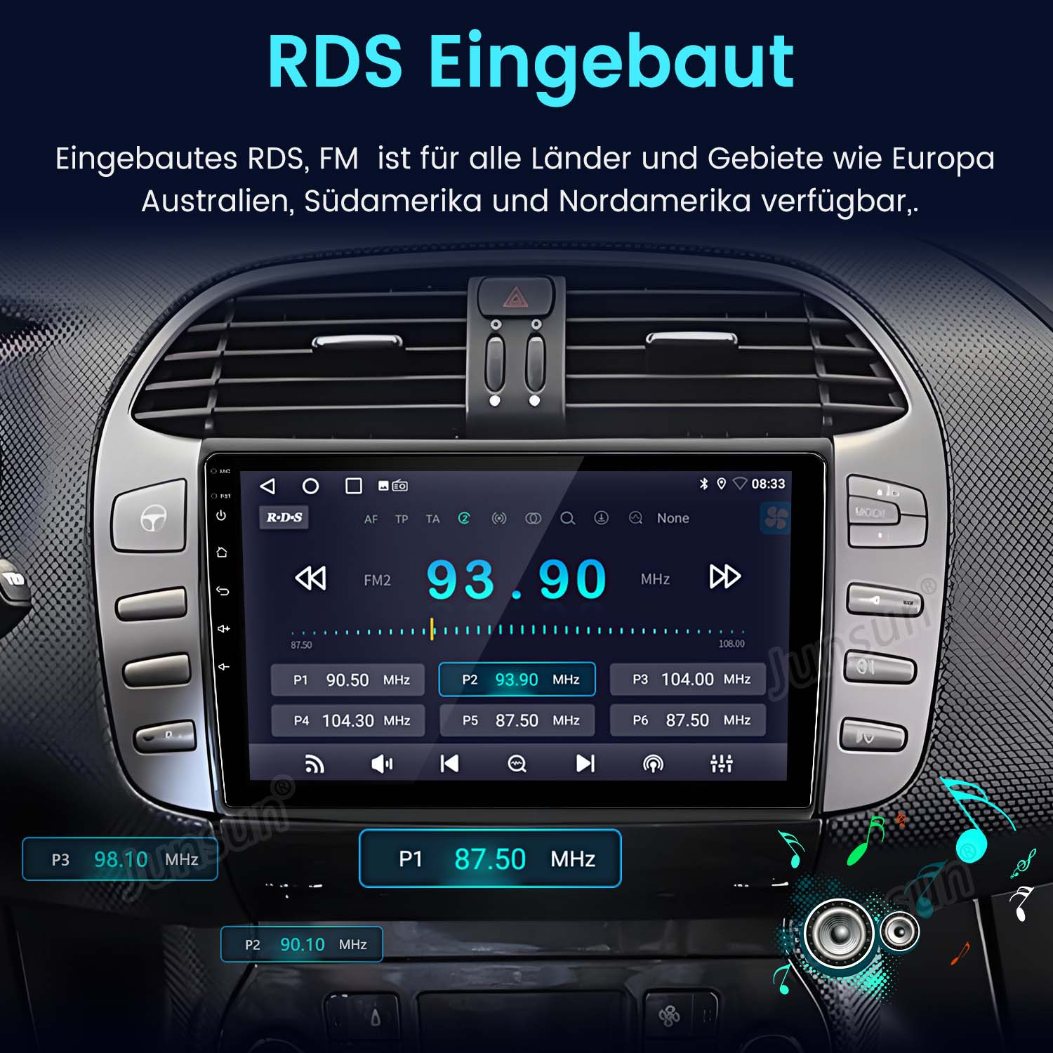 Ein Autoradio-Display mit aktivierter RDS-Funktion, das Stationsinformationen anzeigt.