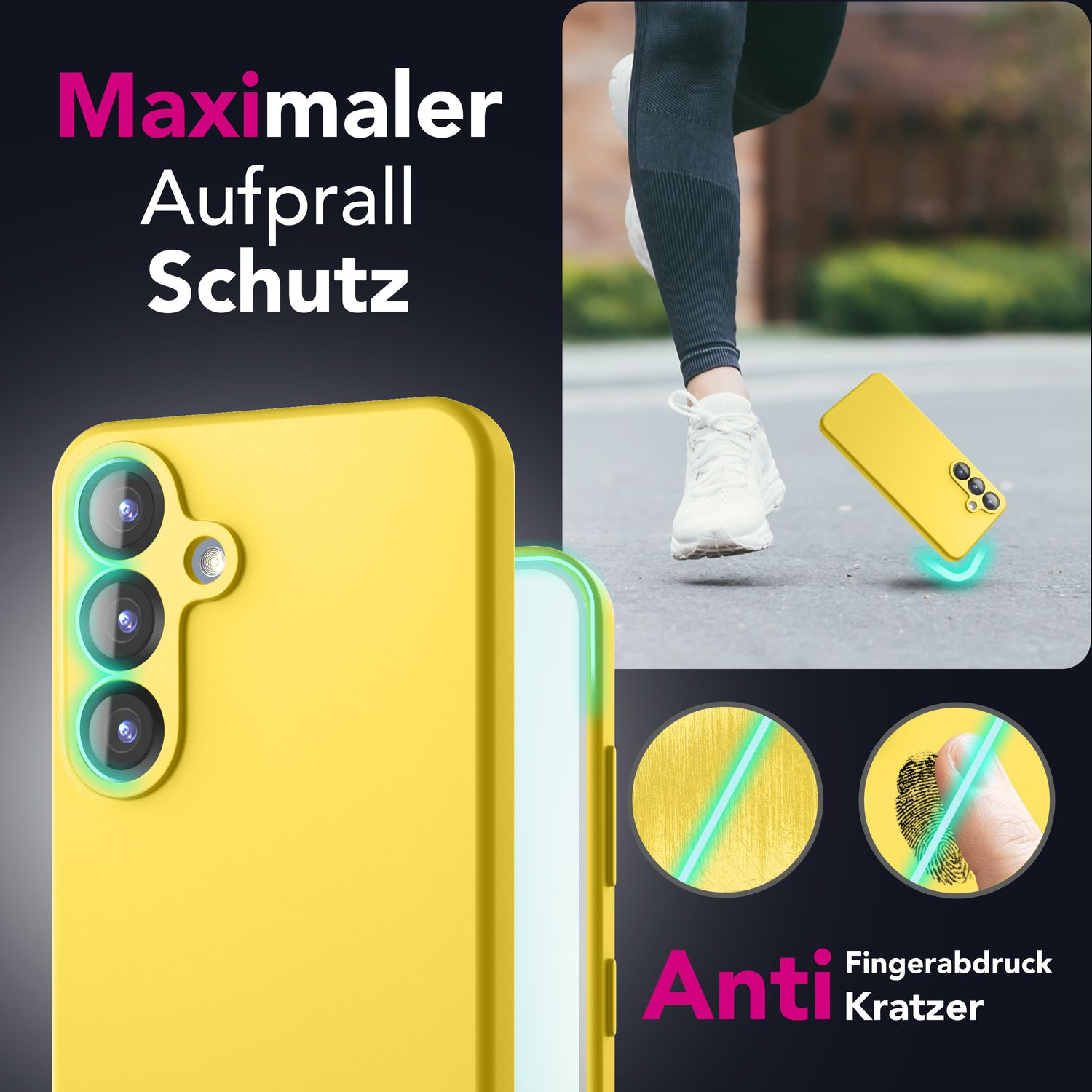 Gelbe Handyhülle mit grünen Akzenten und Text, mit Anti-Kratz- und Fingerabdruck-Funktionen.