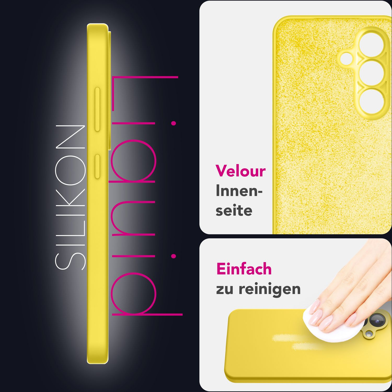 Gelbe Handyhülle mit Glitzertextur und Text zu den Eigenschaften. Seiten- und Frontansicht.