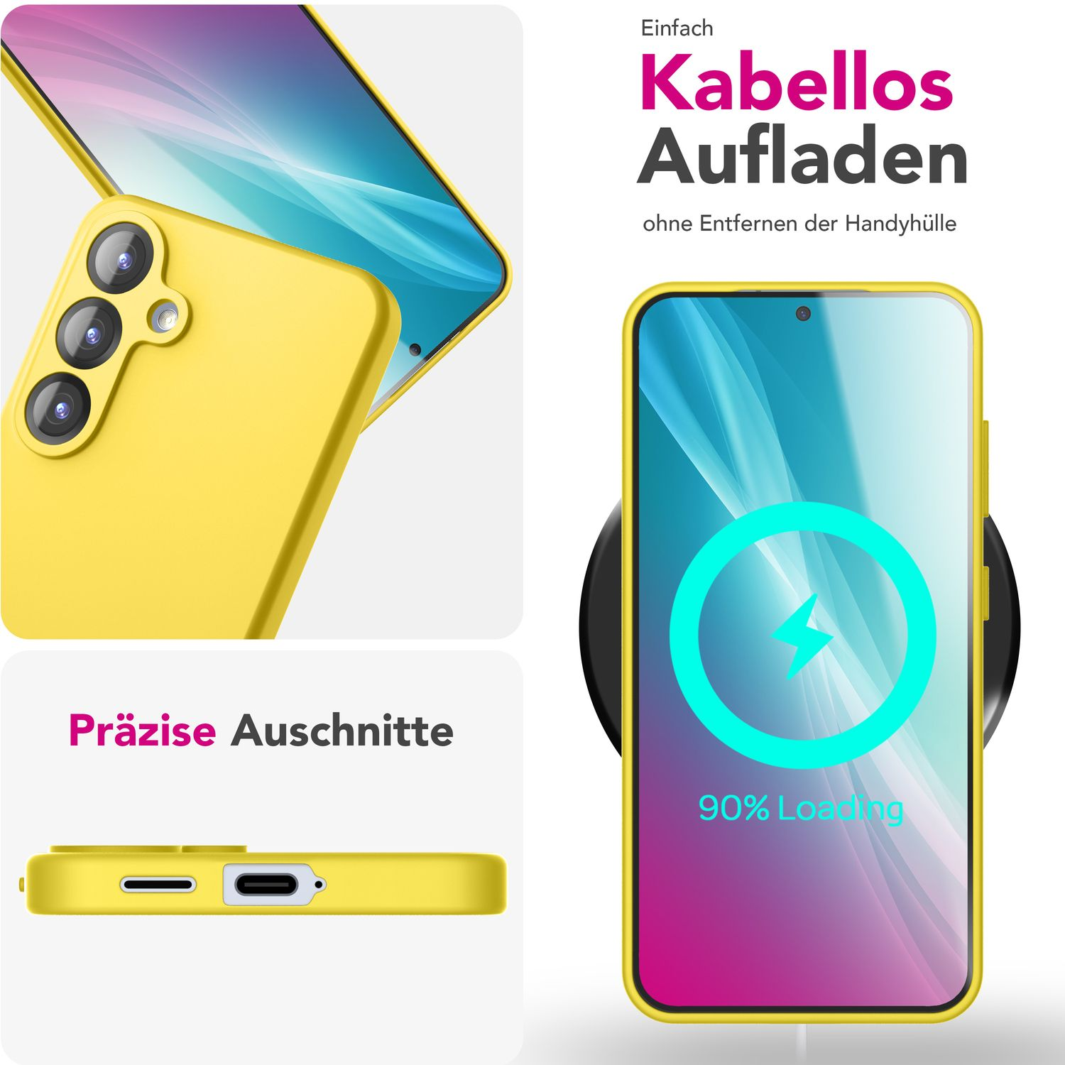 Gelbe Handyhülle mit Telefon und kabellosem Ladegerät auf weißem Hintergrund.