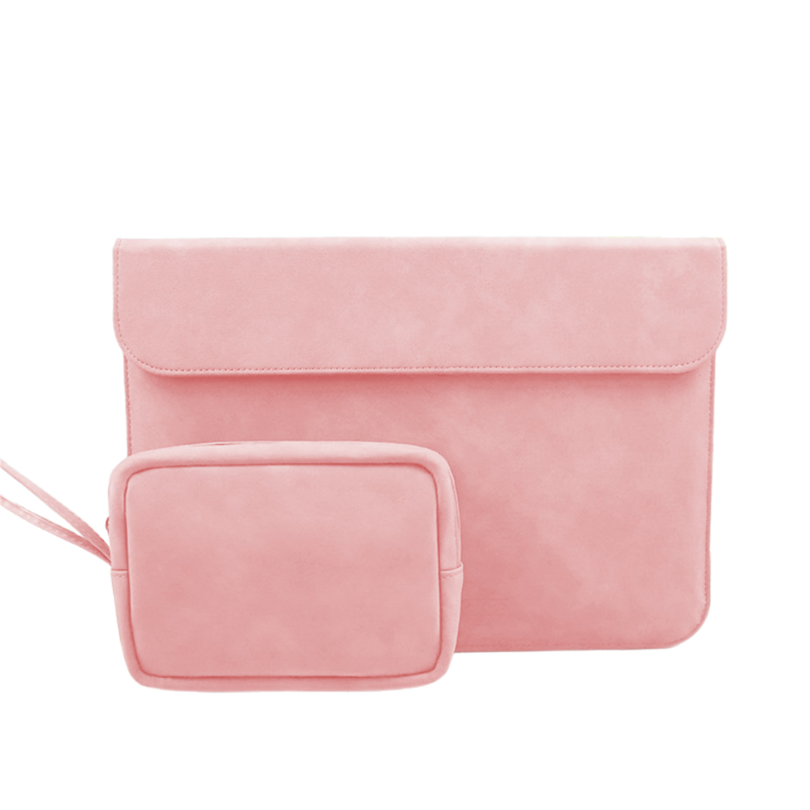 Rosa Laptop-Hülle und -Tasche. Rosa Farbe, glatte Textur. Weißer Hintergrund.