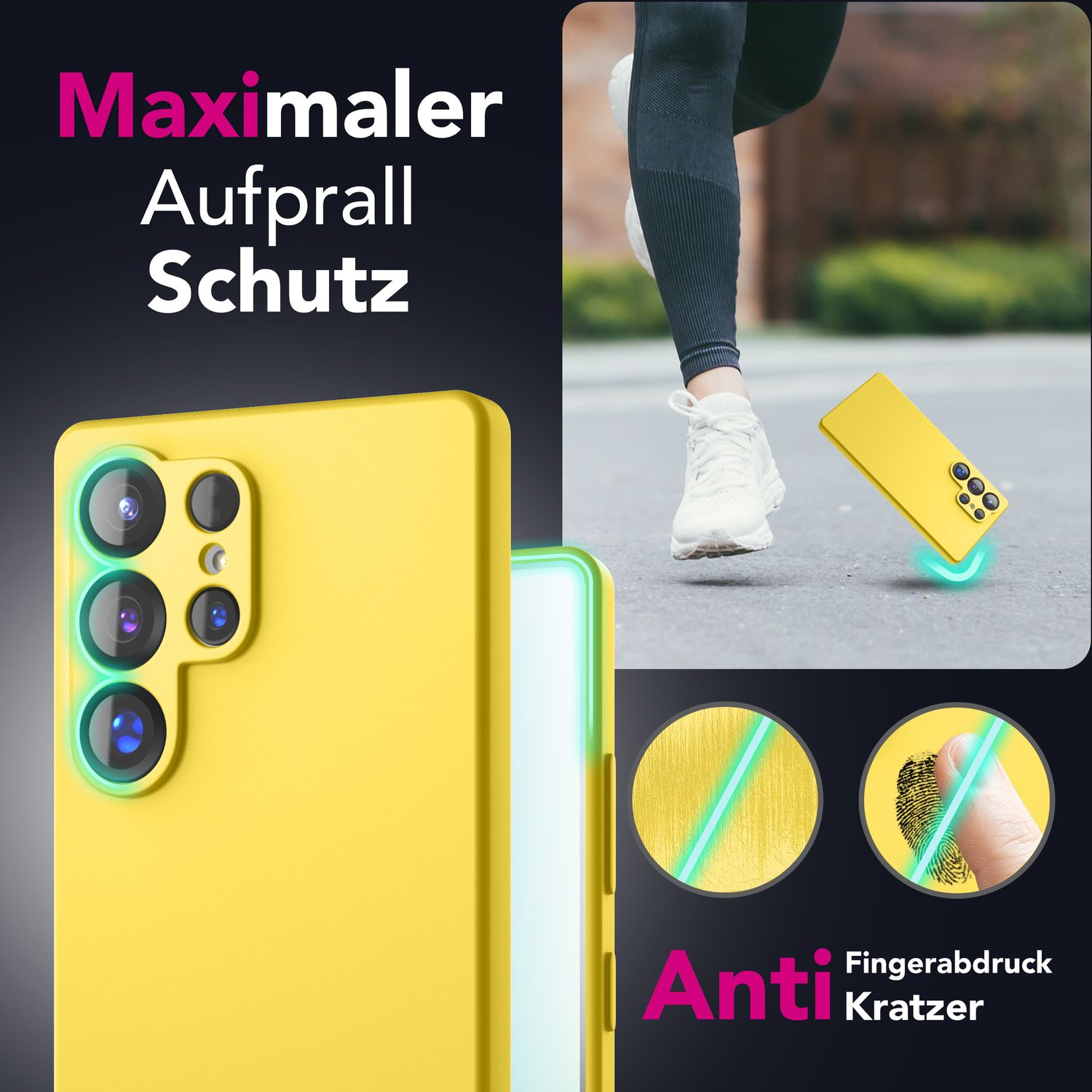 Eine gelbe Handyhülle schützt ein Telefon, im Hintergrund rennt eine Person.
