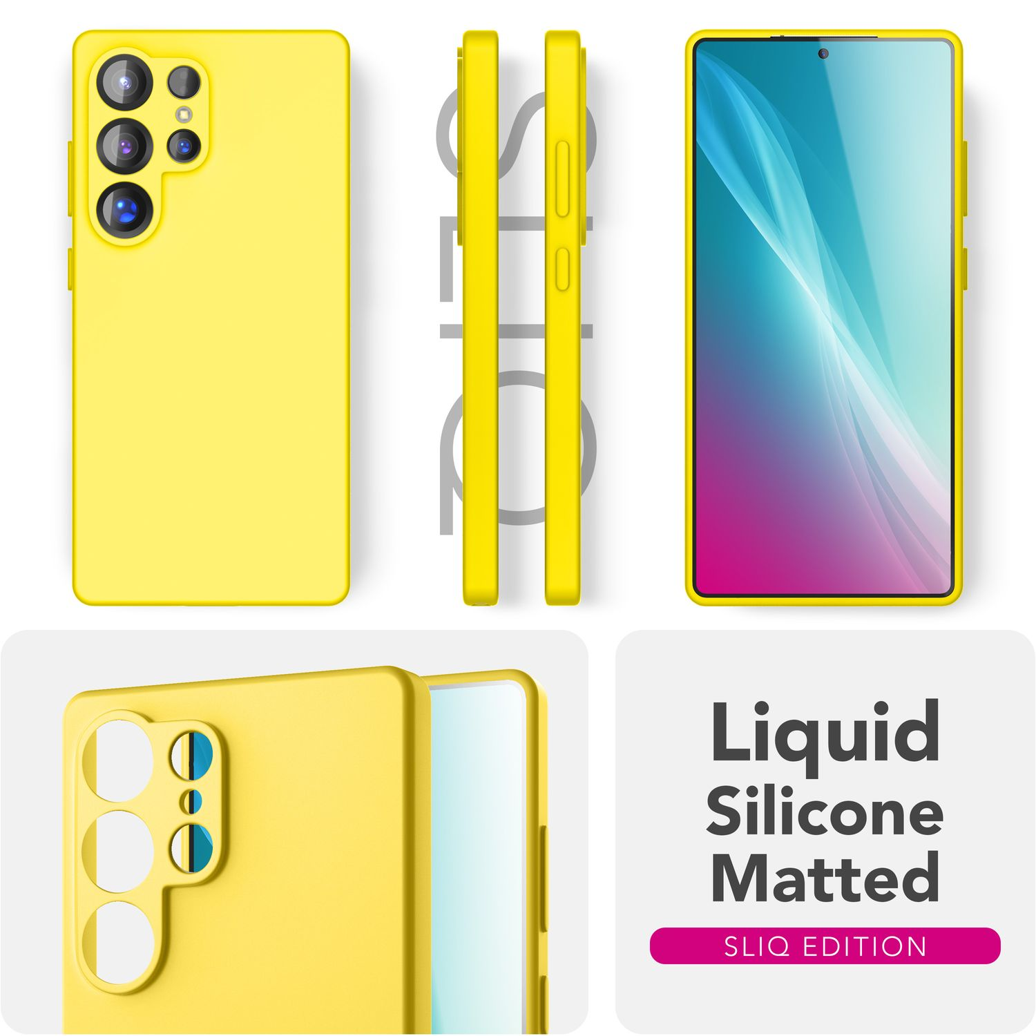 Gelbe Handyhülle mit mehreren Ansichten, die das Telefon und die Hüllendetails zeigen.