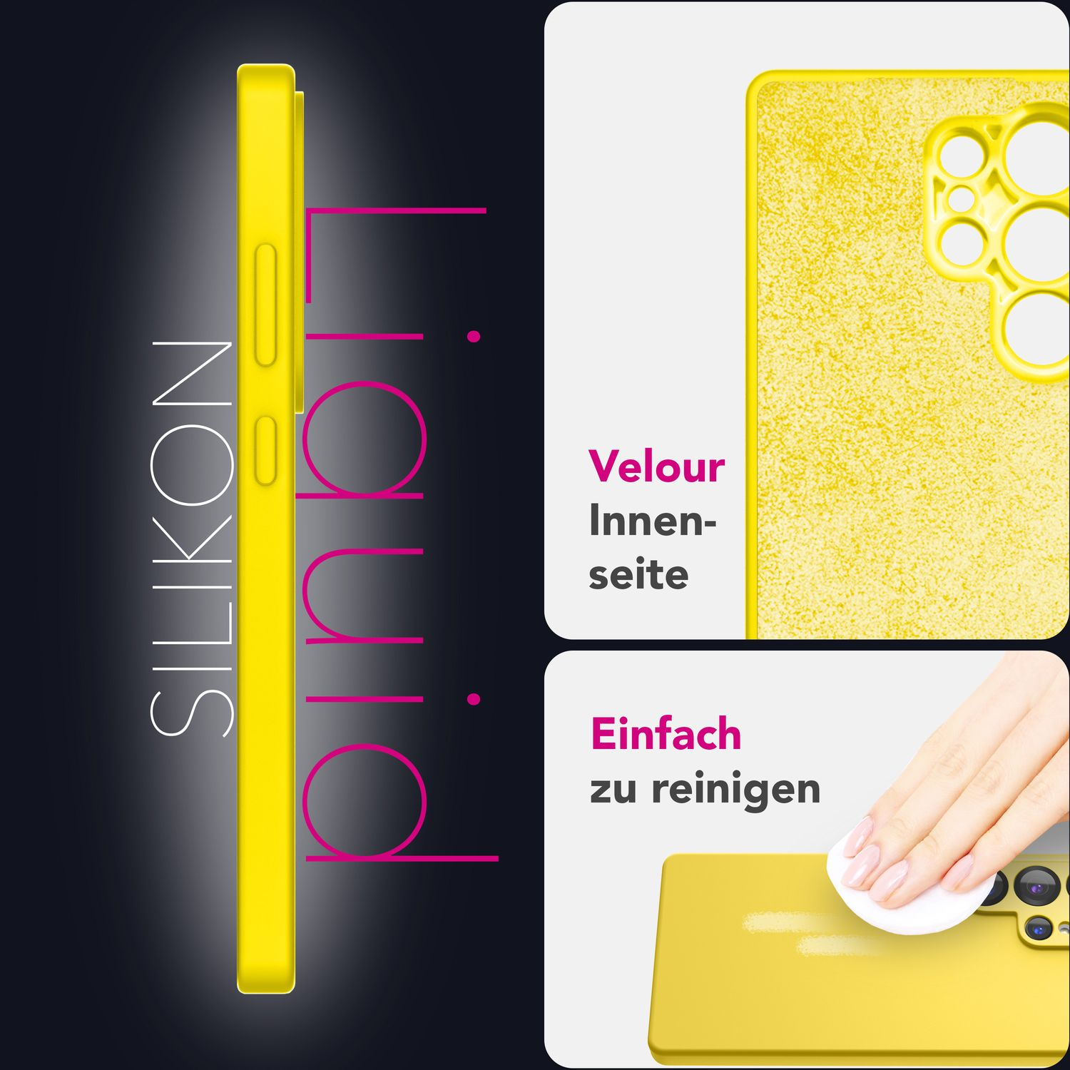 Gelbe Handyhülle mit Text und Bildern. Sie zeigt die Seite und die Innenseite.
