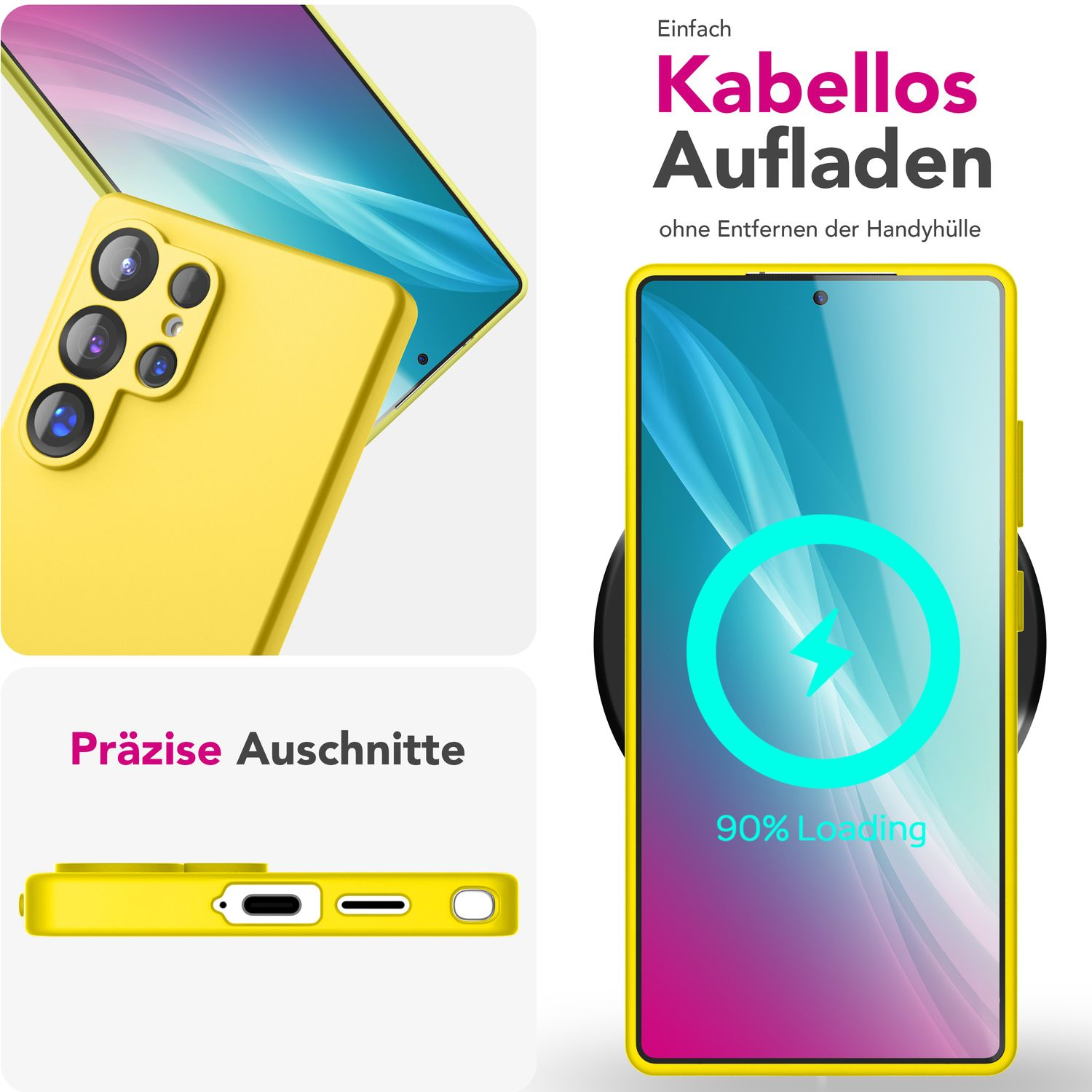 Gelbe Handyhülle mit Telefon. Zeigt einen Ladebildschirm. Text lautet: 'Kabelloses Laden' und '90 % Laden'.
