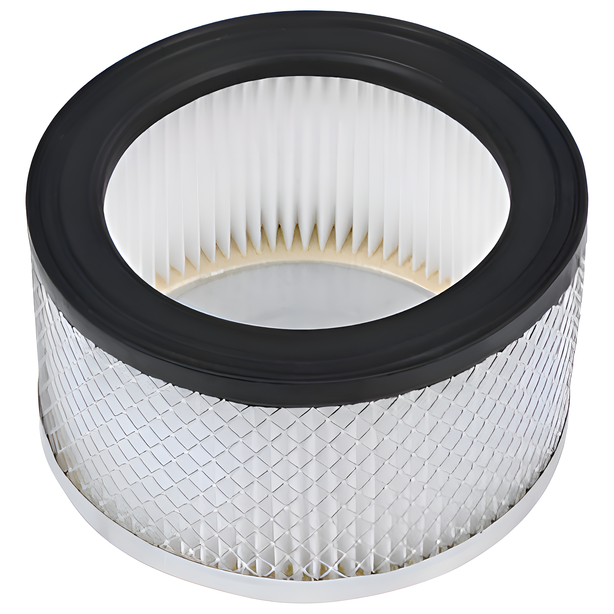 Luftfilter mit schwarzer Oberseite und silbernen Netzseiten. Der Filter hat gefaltetes weißes Papier im Inneren.