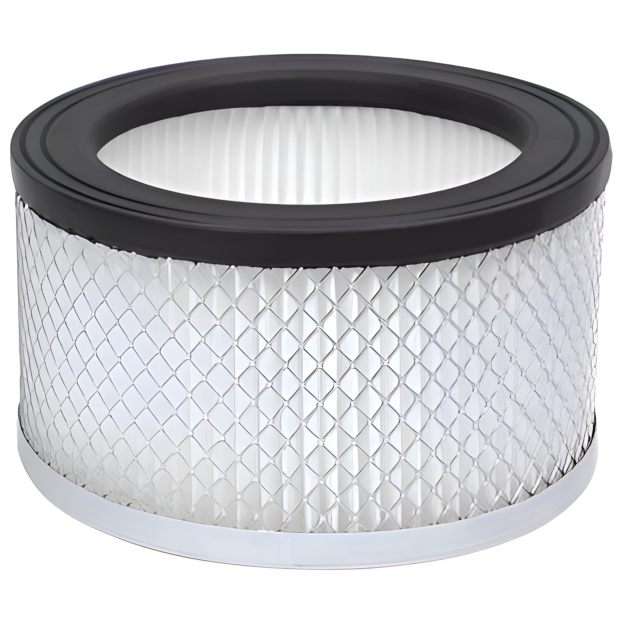 Ein Luftfilter mit einem Metallgitter außen und einer schwarzen Gummidichtung oben, isoliert auf weißem Grund.