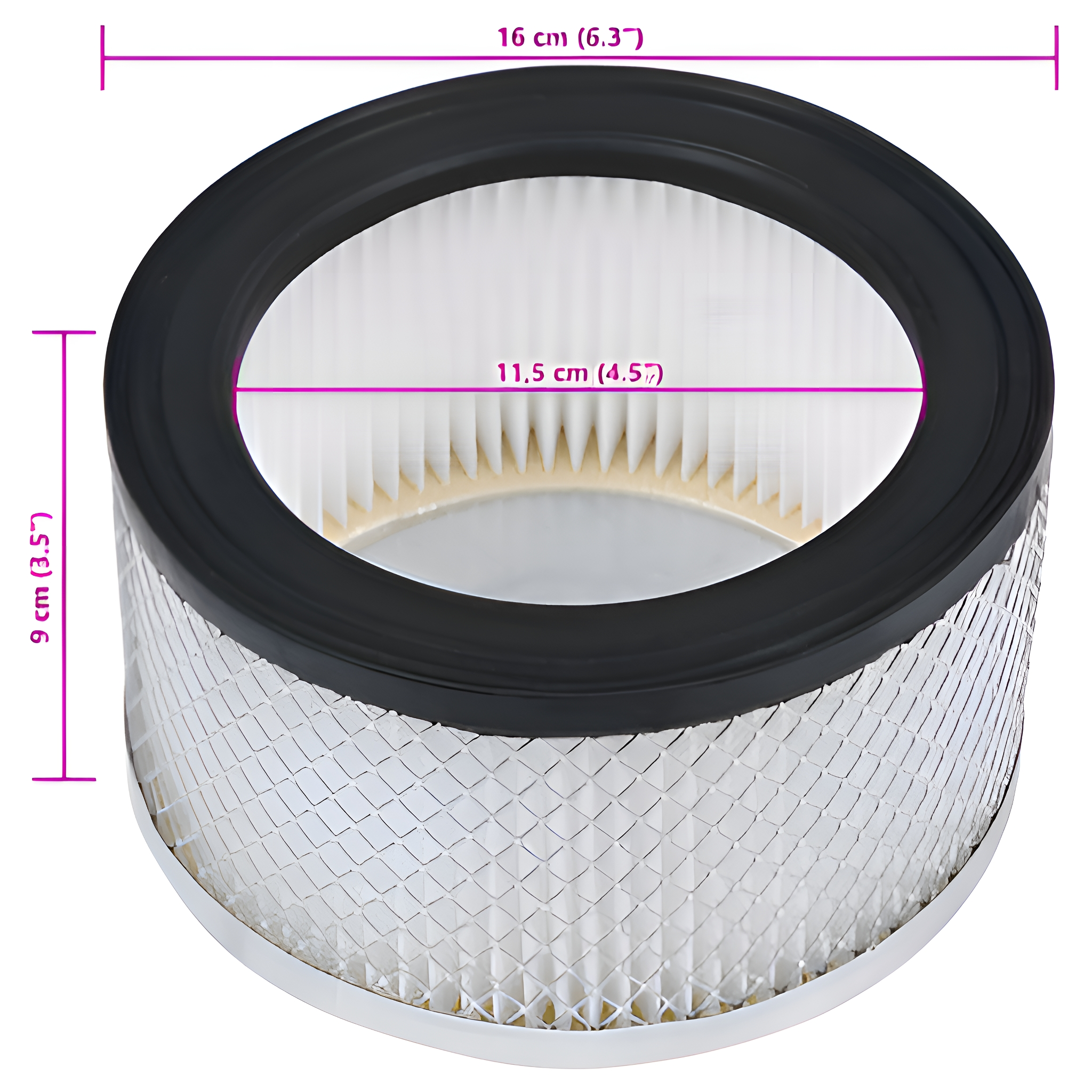 Luftfilter mit Maßangaben: 16 cm (6,3") Durchmesser, 9 cm (3,5") Höhe und 11,5 cm (4,5") innen.