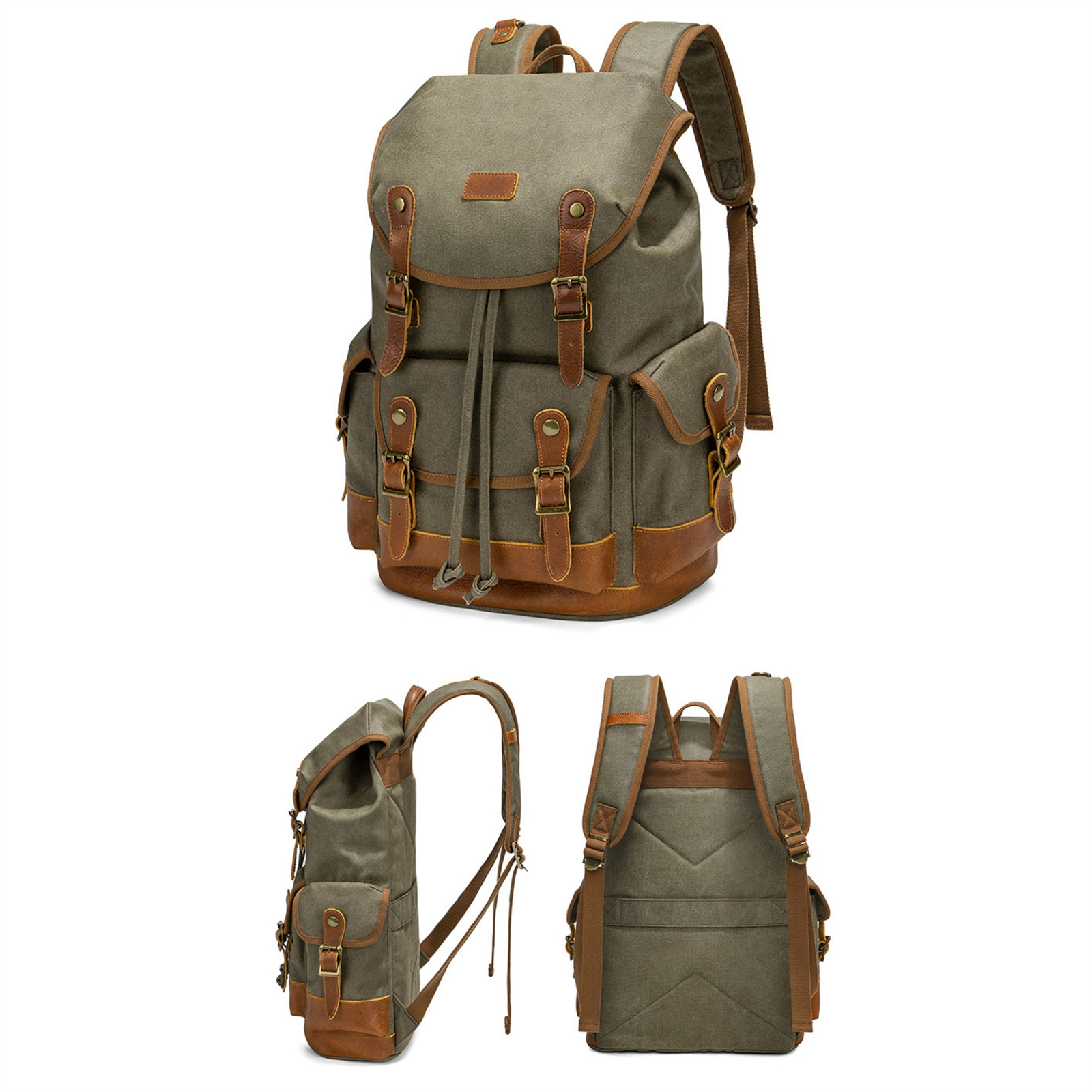 Ein grüner Rucksack aus Segeltuch mit braunen Lederakzenten. Mehrere Ansichten werden gezeigt.