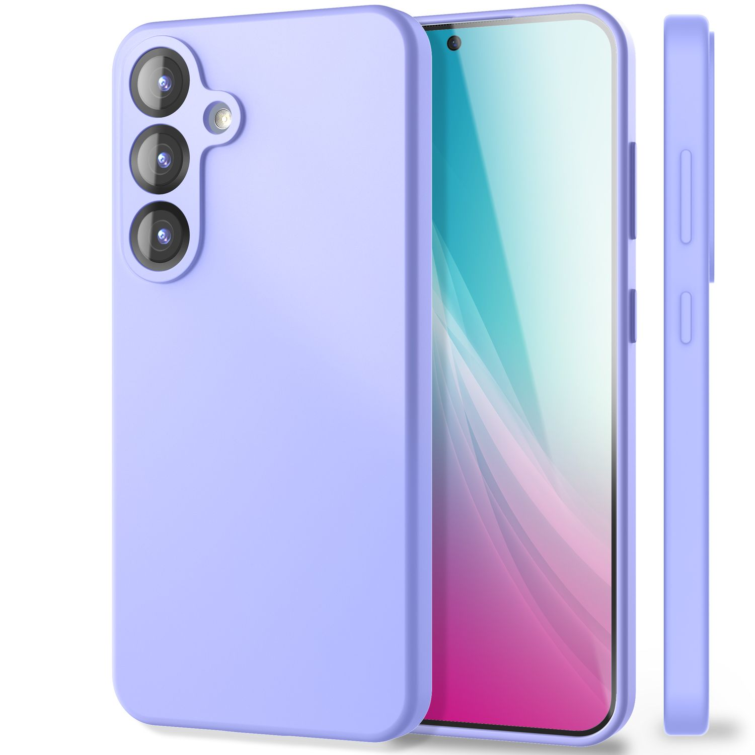 Ein lavendelfarbenes Telefon mit Hülle. Es hat drei Kameras auf der Rückseite und einen Bildschirm. Die Hülle ist auch lavendelfarben.