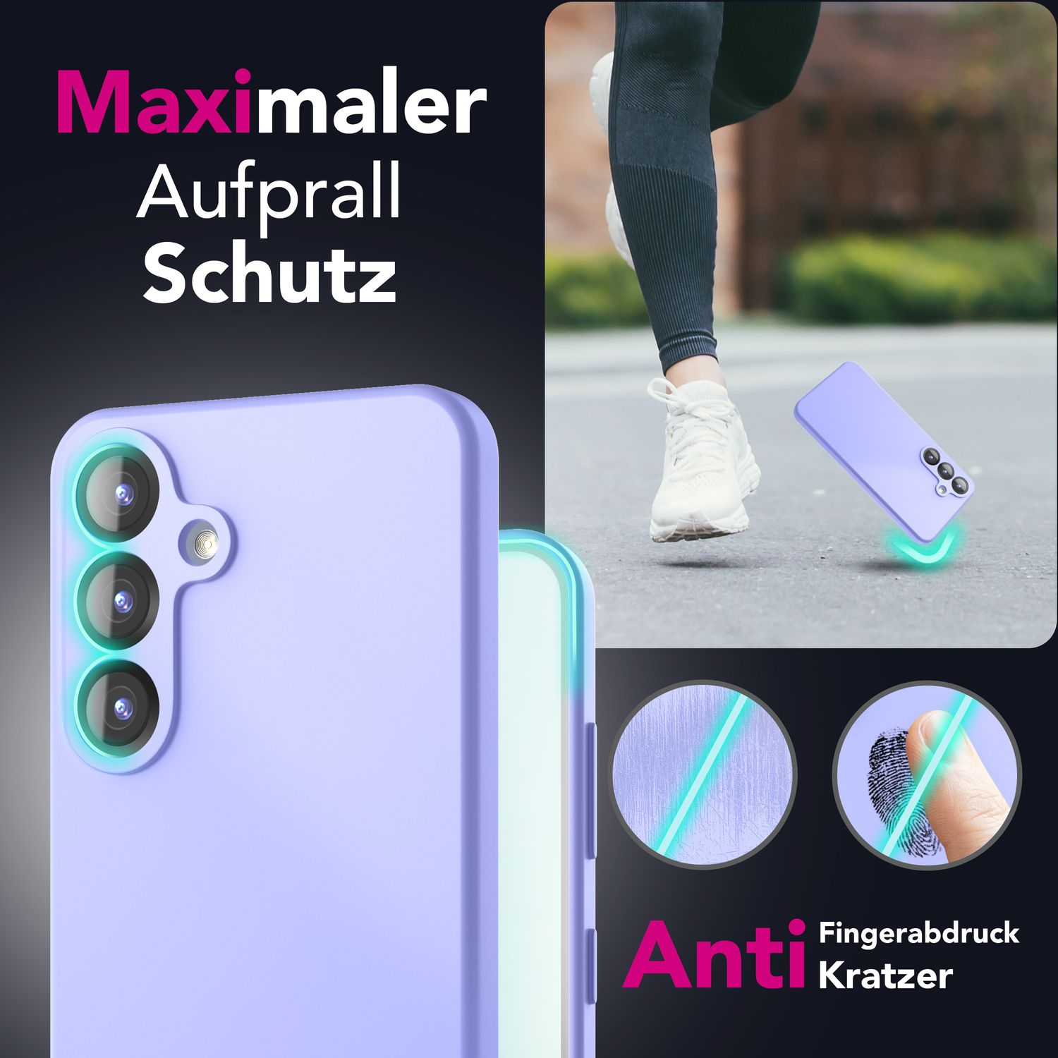 Handyhülle und Telefon mit Text über Aufprallschutz und Fingerabdruckresistenz. Lila Thema.