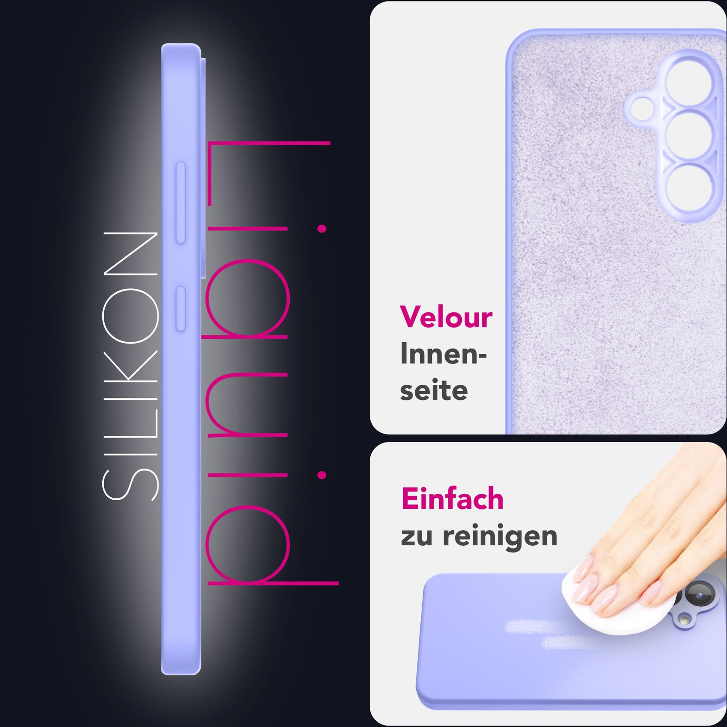 Eine lavendelfarbene Handyhülle mit Text. Die Hülle zeigt drei Ansichten: Seite, innen und Reinigung.