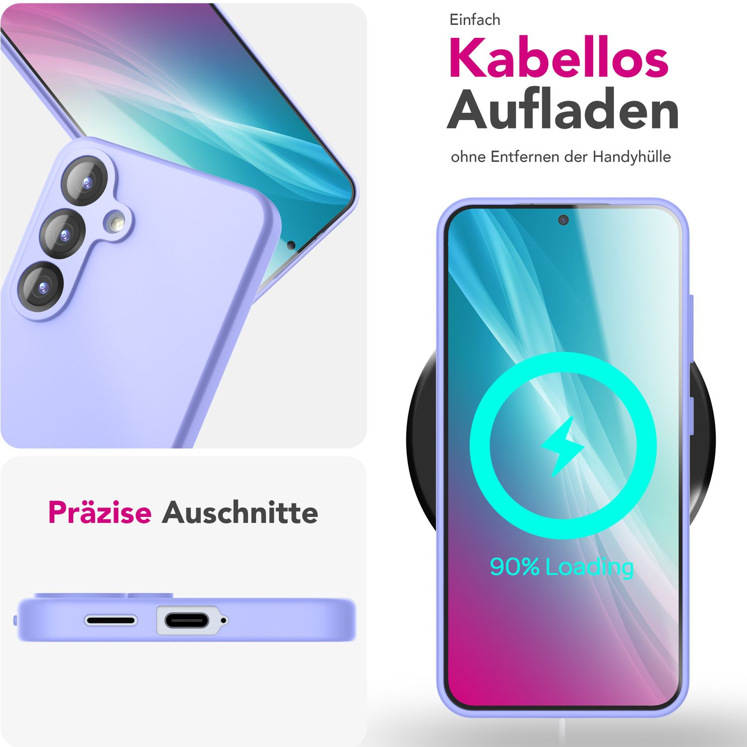 Lila Handyhülle mit Telefon, kabelloses Laden auf einem Pad.