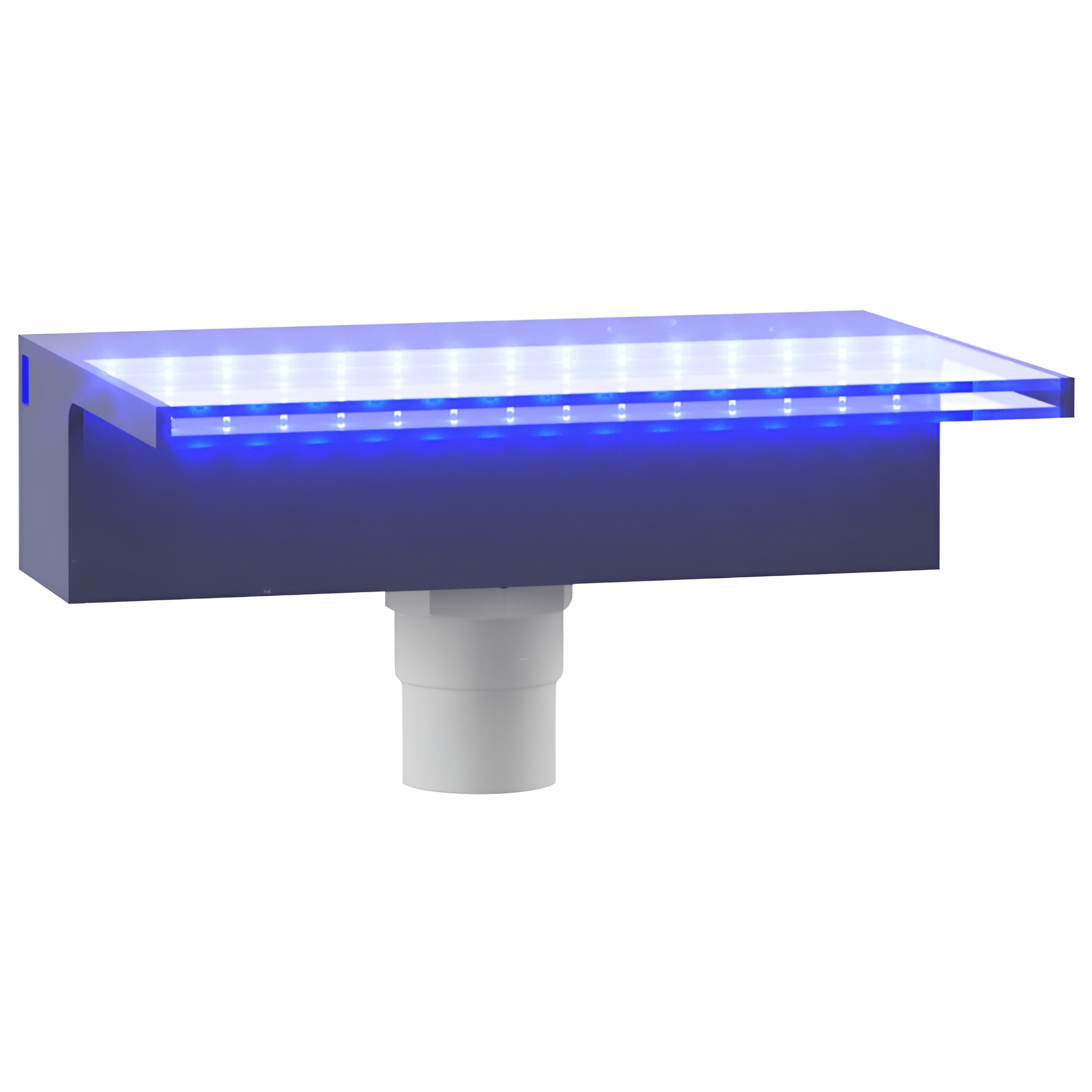 Ein Wasserspiel mit einem blauen LED-Lichtstreifen, mit einem weißen Wasserrohr.