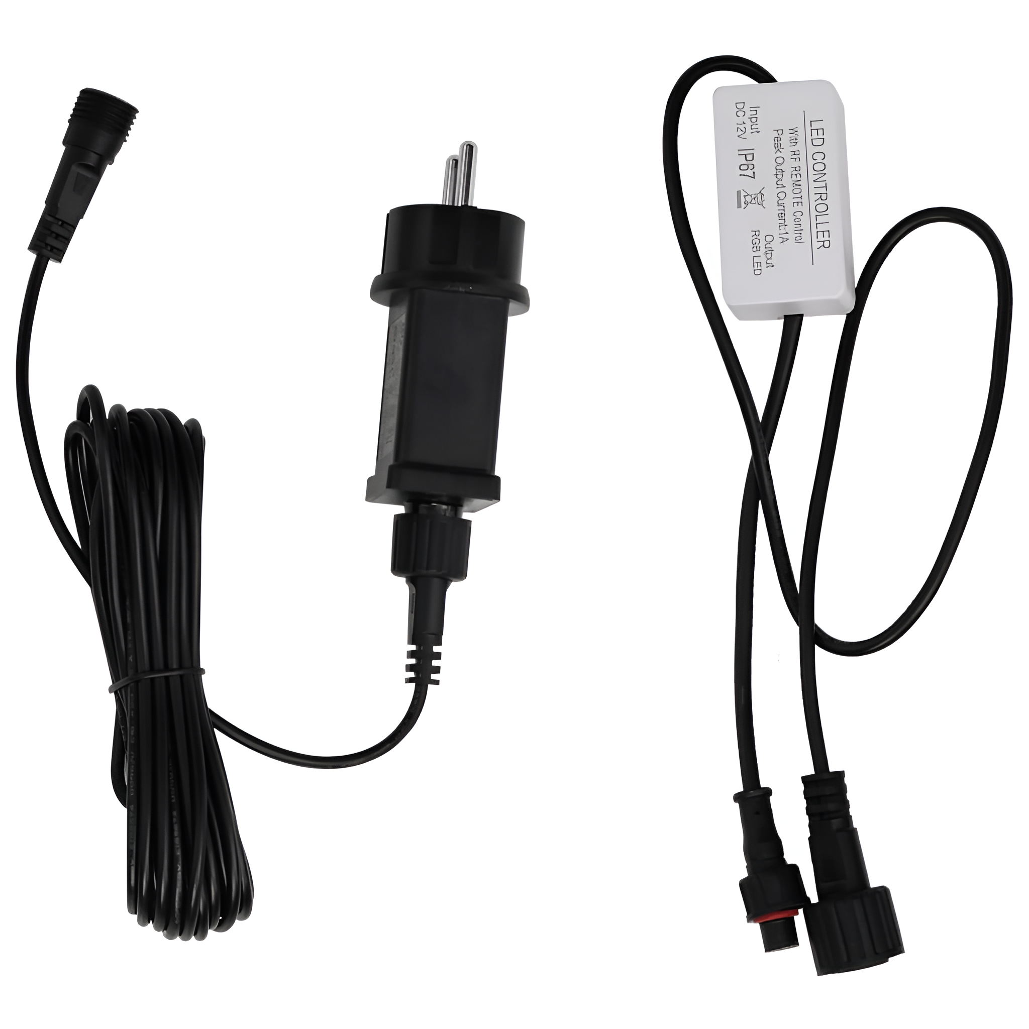 Ein schwarzer Netzadapter mit Stecker, Kabel und LED-Controller.