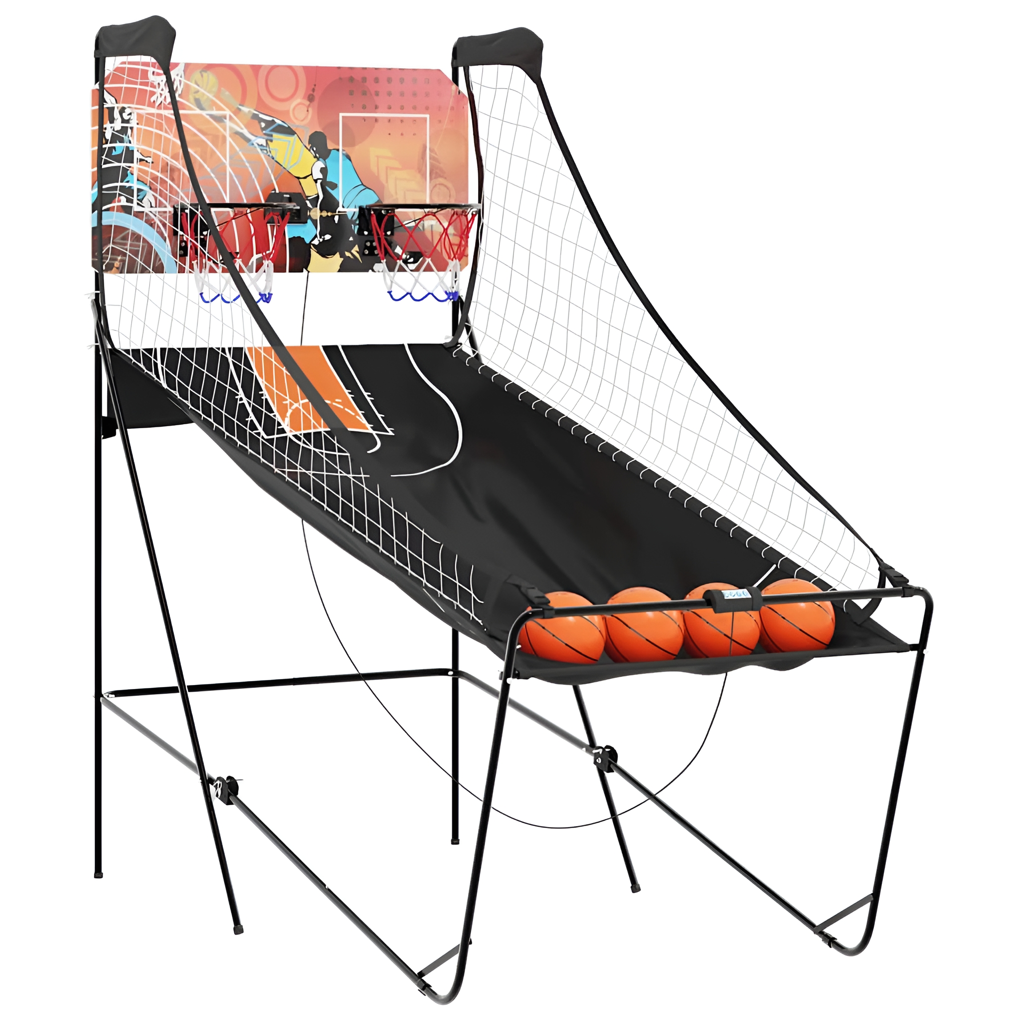 Basketball-Arcade-Spiel mit Bällen, Netz und Rückwand mit Grafiken auf weißem Hintergrund.