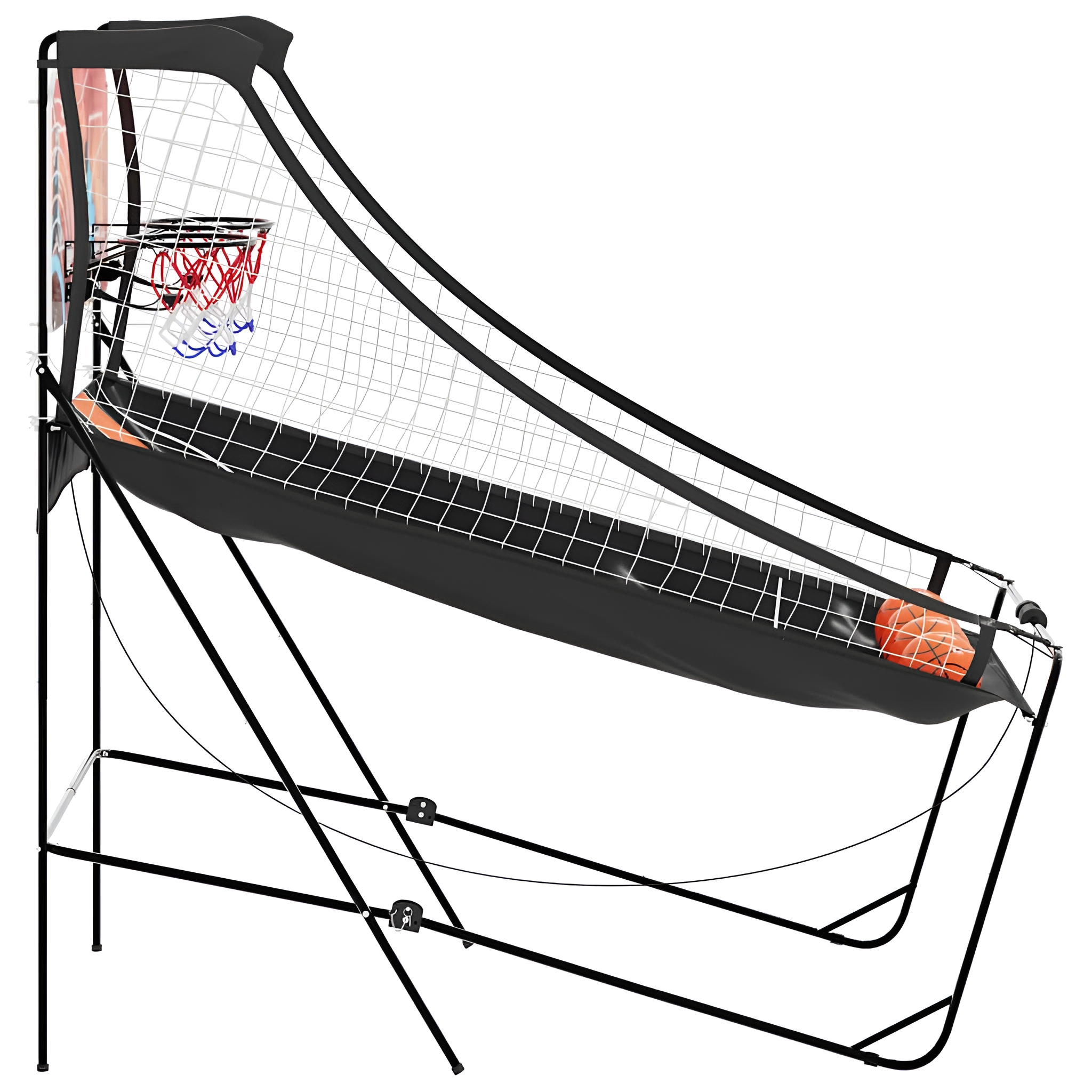 Ein Indoor-Basketball-Arcade-Spiel mit Netz und Rückwand.