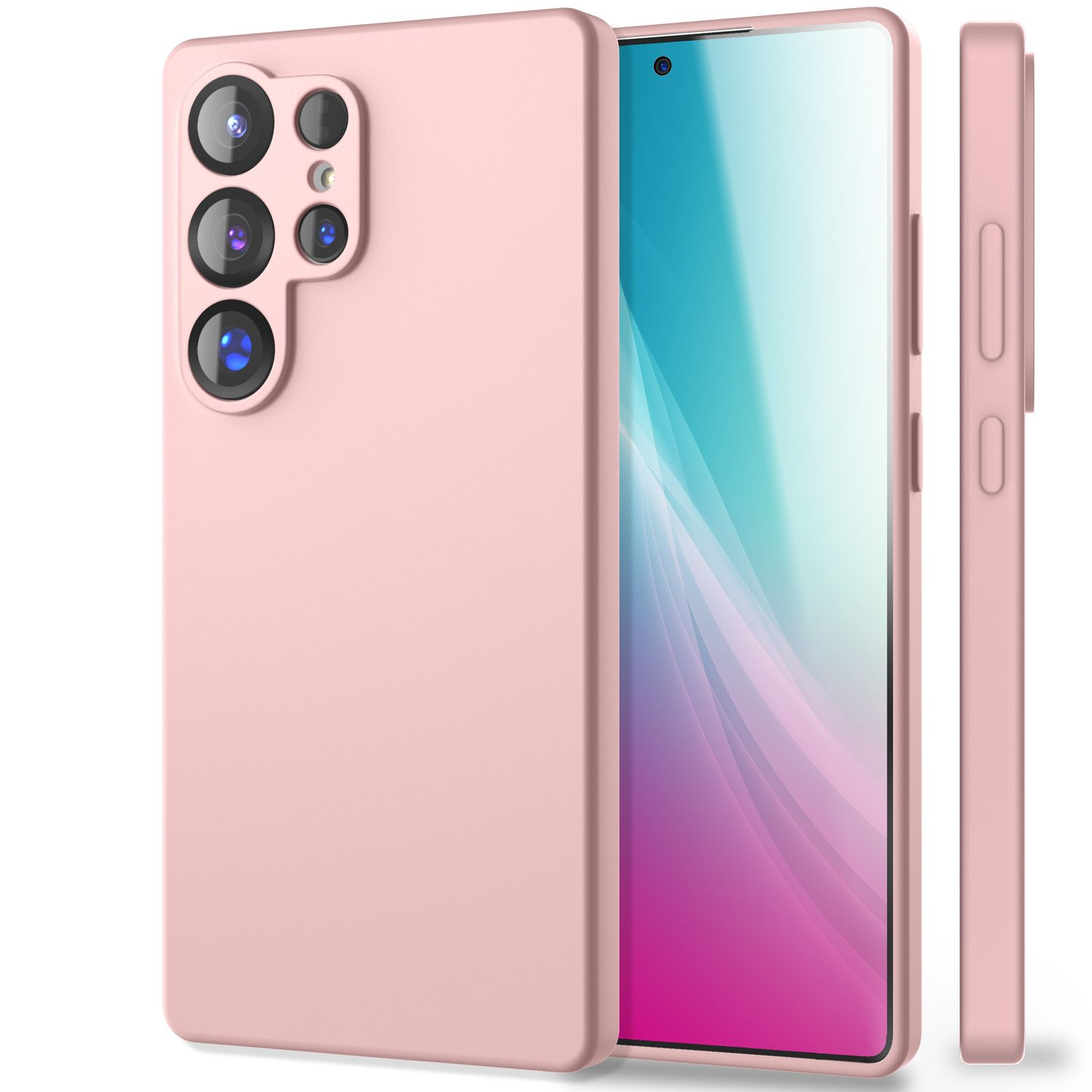 Rosa Handyhülle mit mehreren Kameralinsen und einem Handy.