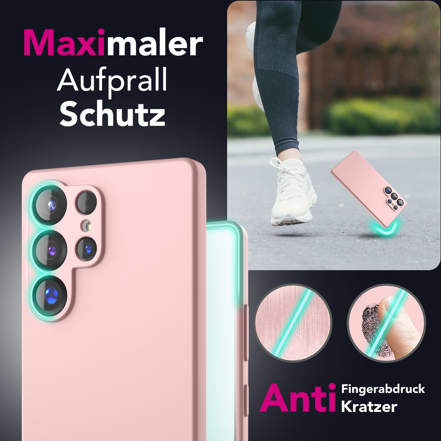 Rosa Handyhülle mit Handy und Kreisen. Text: Anti Kratzer und Maximaler Aufprall Schutz.