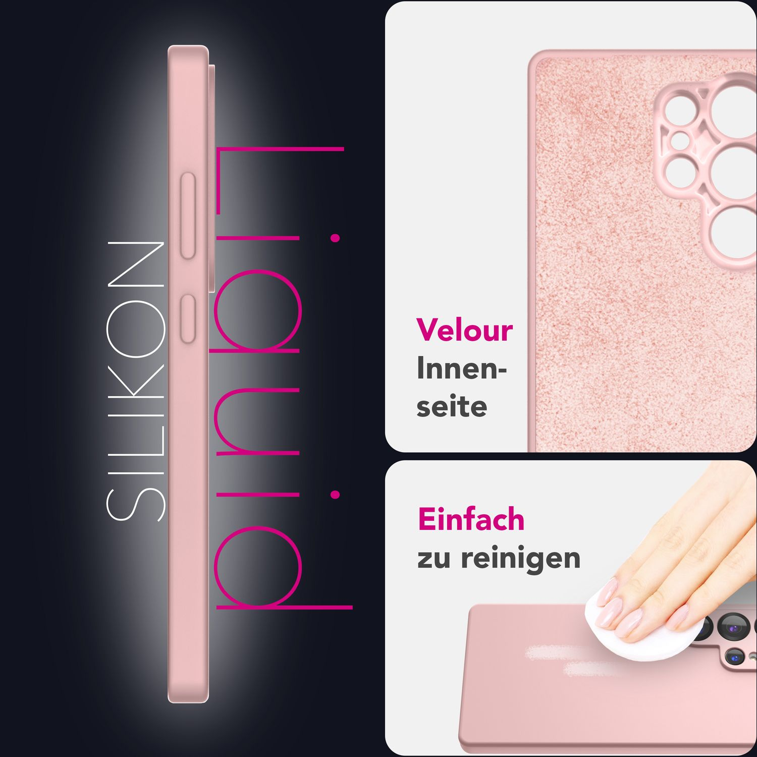 Rosa Handyhülle mit samtigem Innenraum. Das Gehäuse hat ein flüssiges Silikondesign.