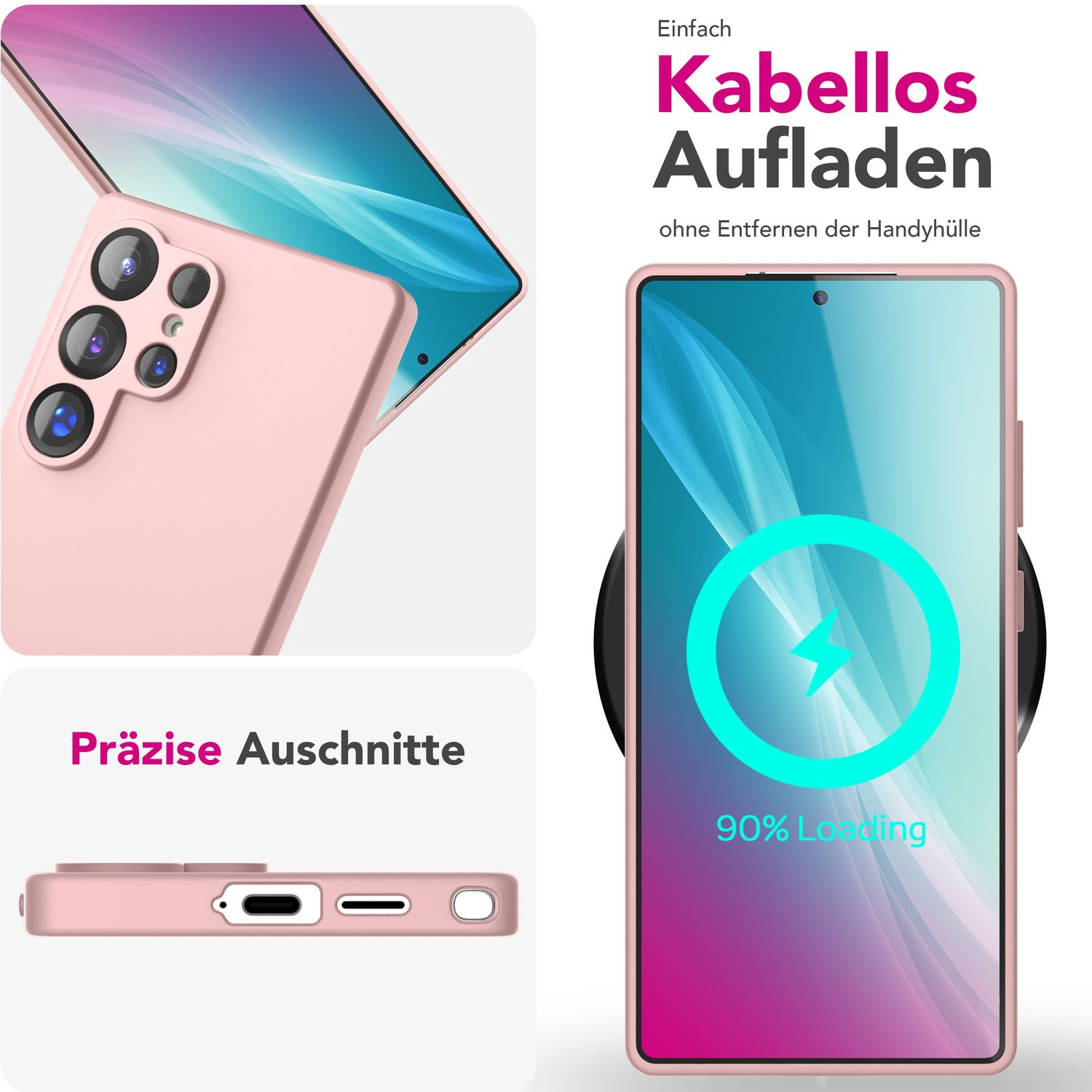 Rosa Handyhülle und ein Handy. Kabelloses Laden, 90% Ladung. Präzise Ausschnitte.