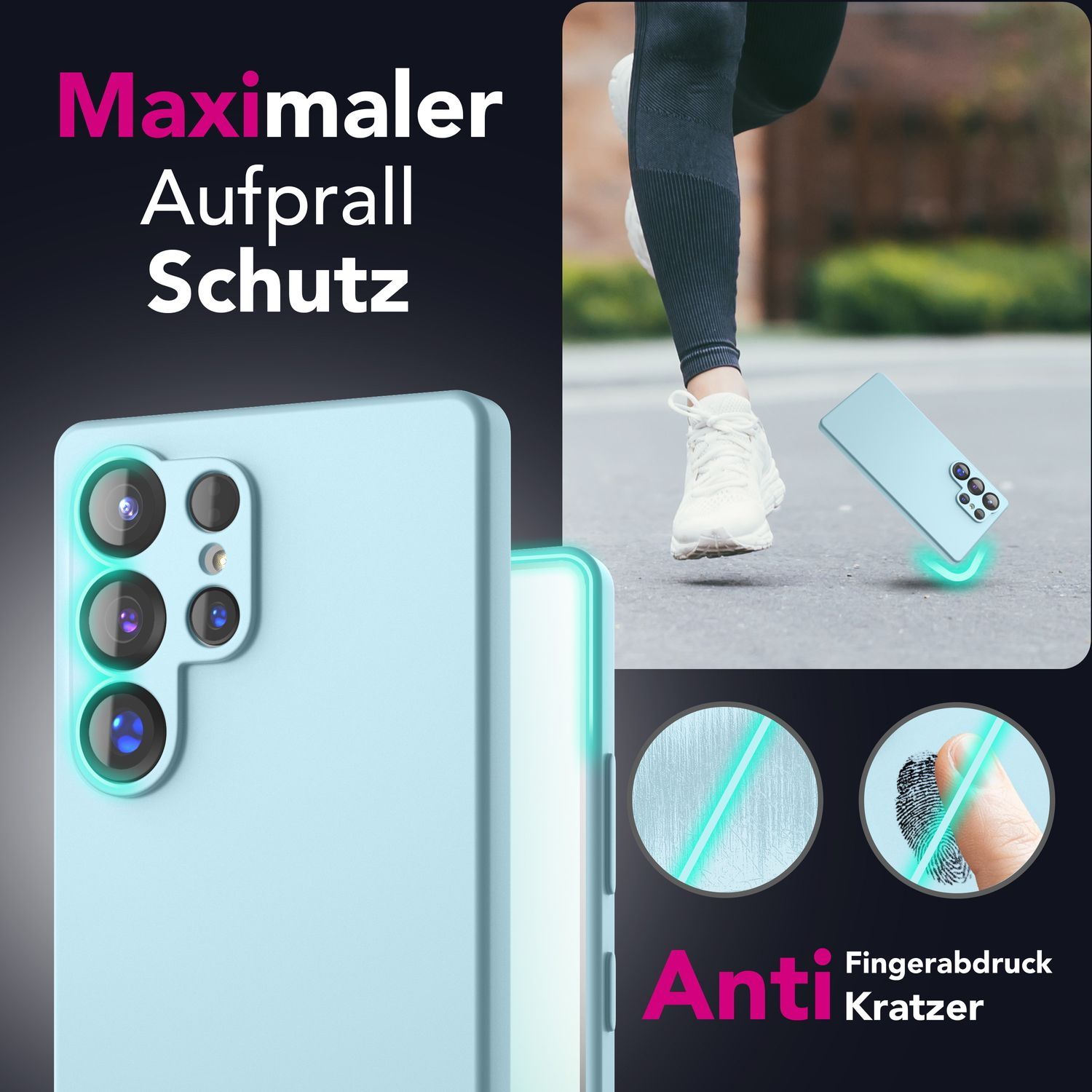 Eine Handyhülle und eine Person, die rennt. Die Handyhülle ist blau und hat ein Schutzdesign.